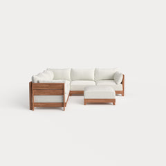 Dwell™ Modular Teak Outdoor 5-Seater L-Sectional + Ottoman | Classic Canvas in Cloud