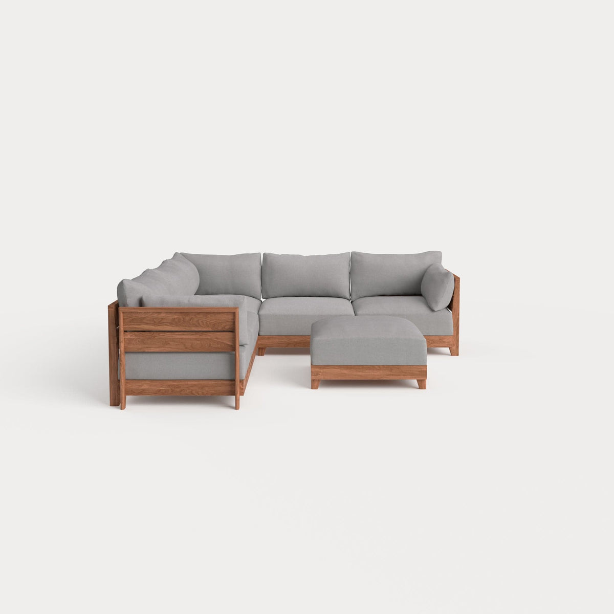 Dwell™ Modular Teak Outdoor 5-Seater L-Sectional + Ottoman | Classic Canvas in Stone Gray