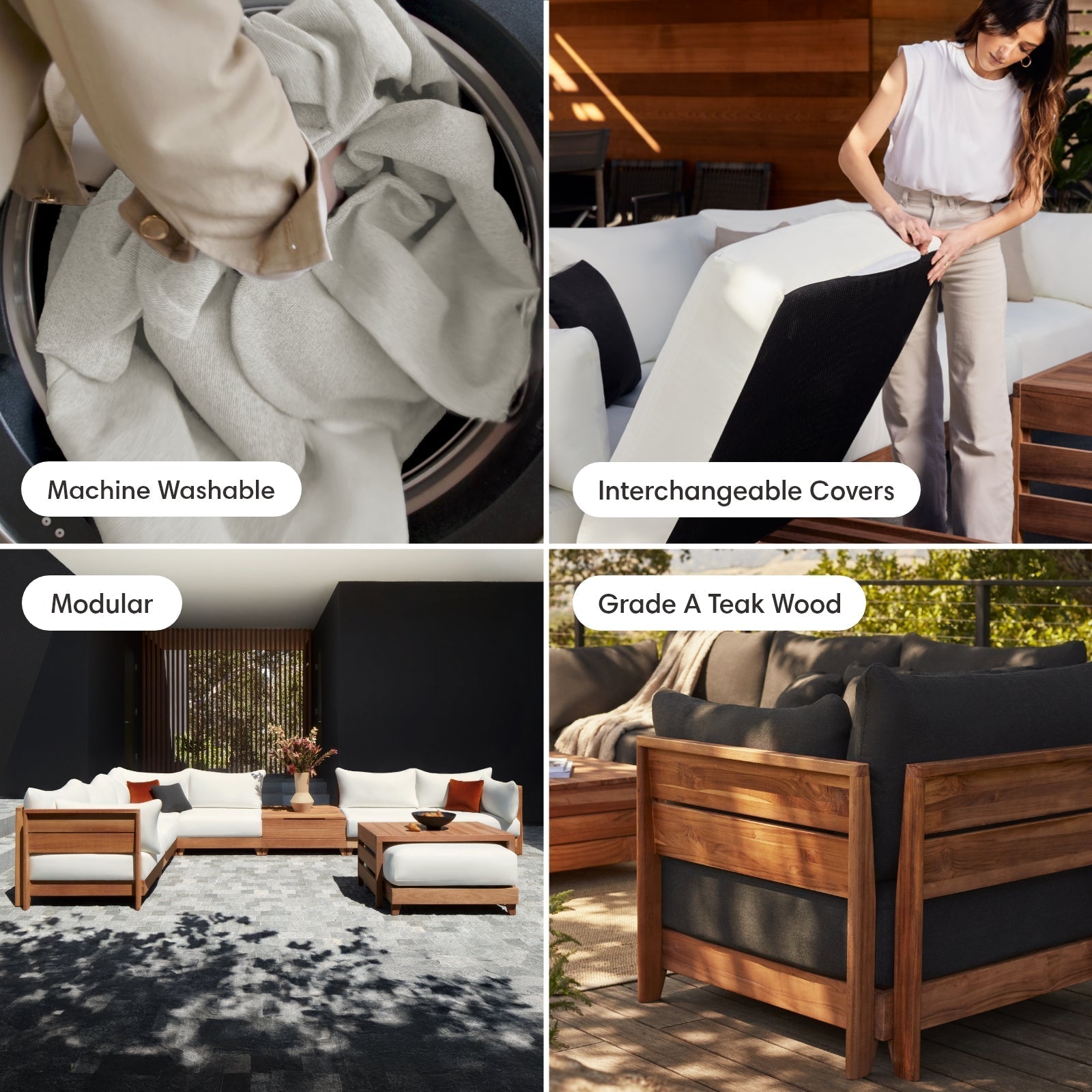 Dwell™ Modular Teak Outdoor 5-Seater L-Sectional with Storage Coffee Table  | Classic Canvas in Cloud