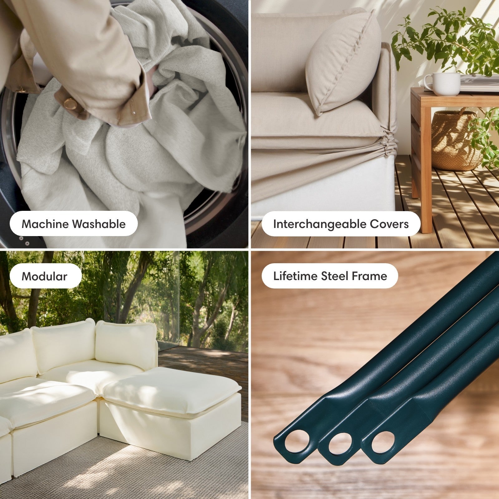 Modular Outdoor Washable 7-Seater U-Sectional + Bench Ottoman | Classic Canvas in Cloud