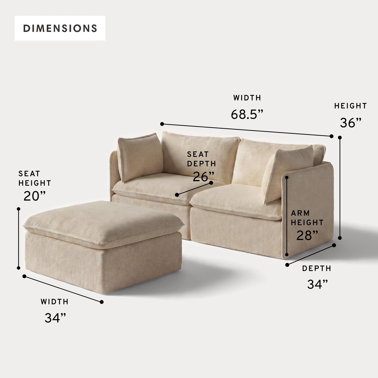 Modular Outdoor Washable 2-Seater + Ottoman | Alfresco Boucle in Cashew