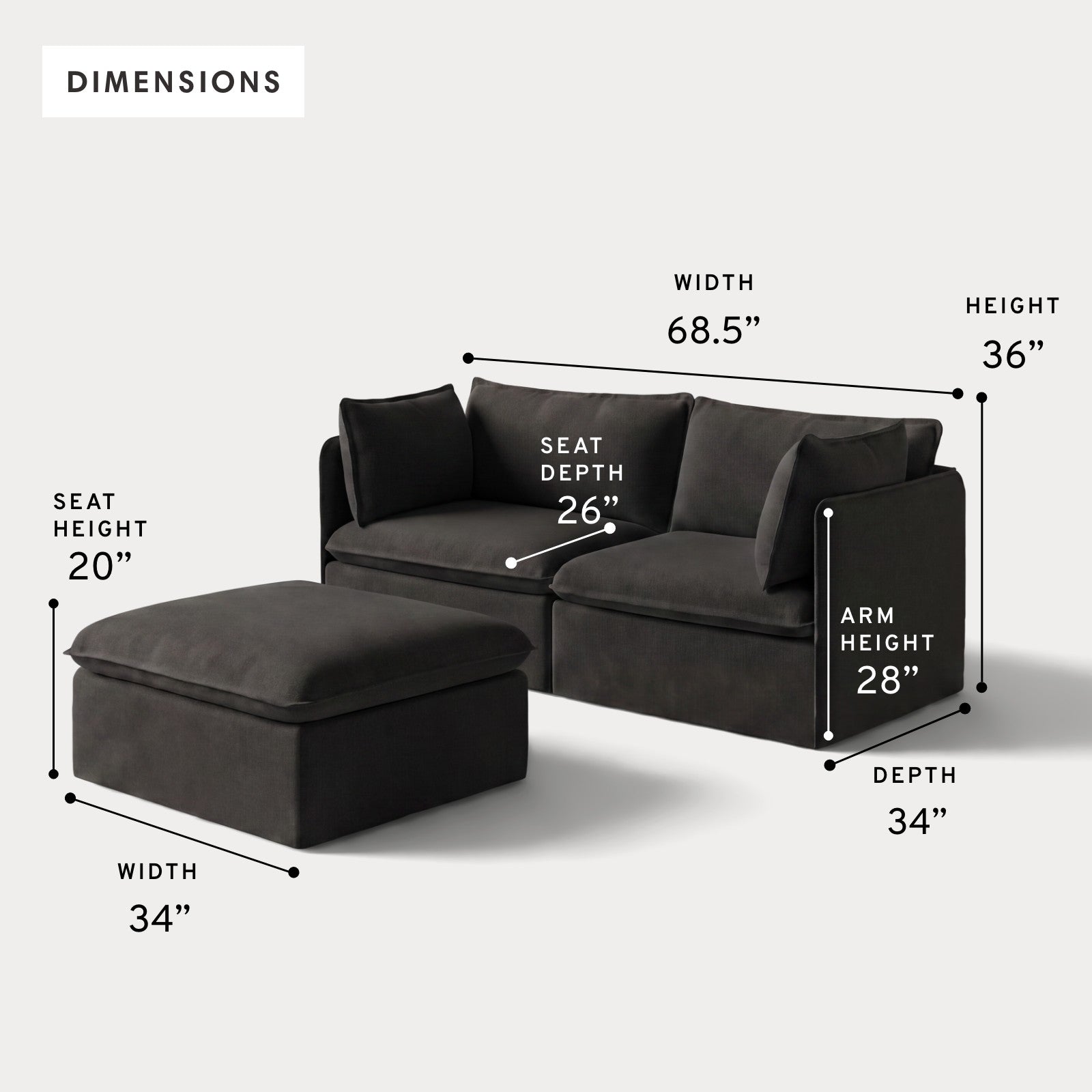 Modular Outdoor Washable 2-Seater + Ottoman | Classic Canvas in Charcoal