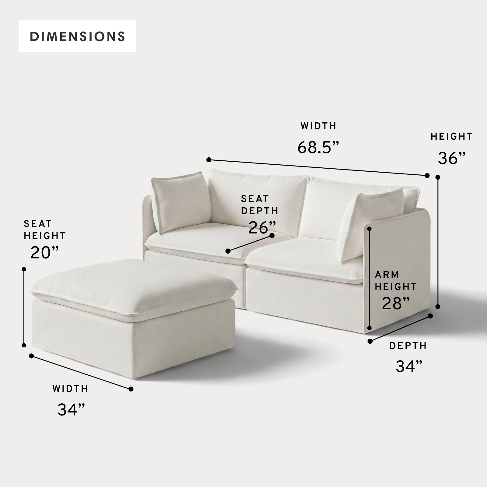 Modular Outdoor Washable 2-Seater + Ottoman | Classic Canvas in Cloud