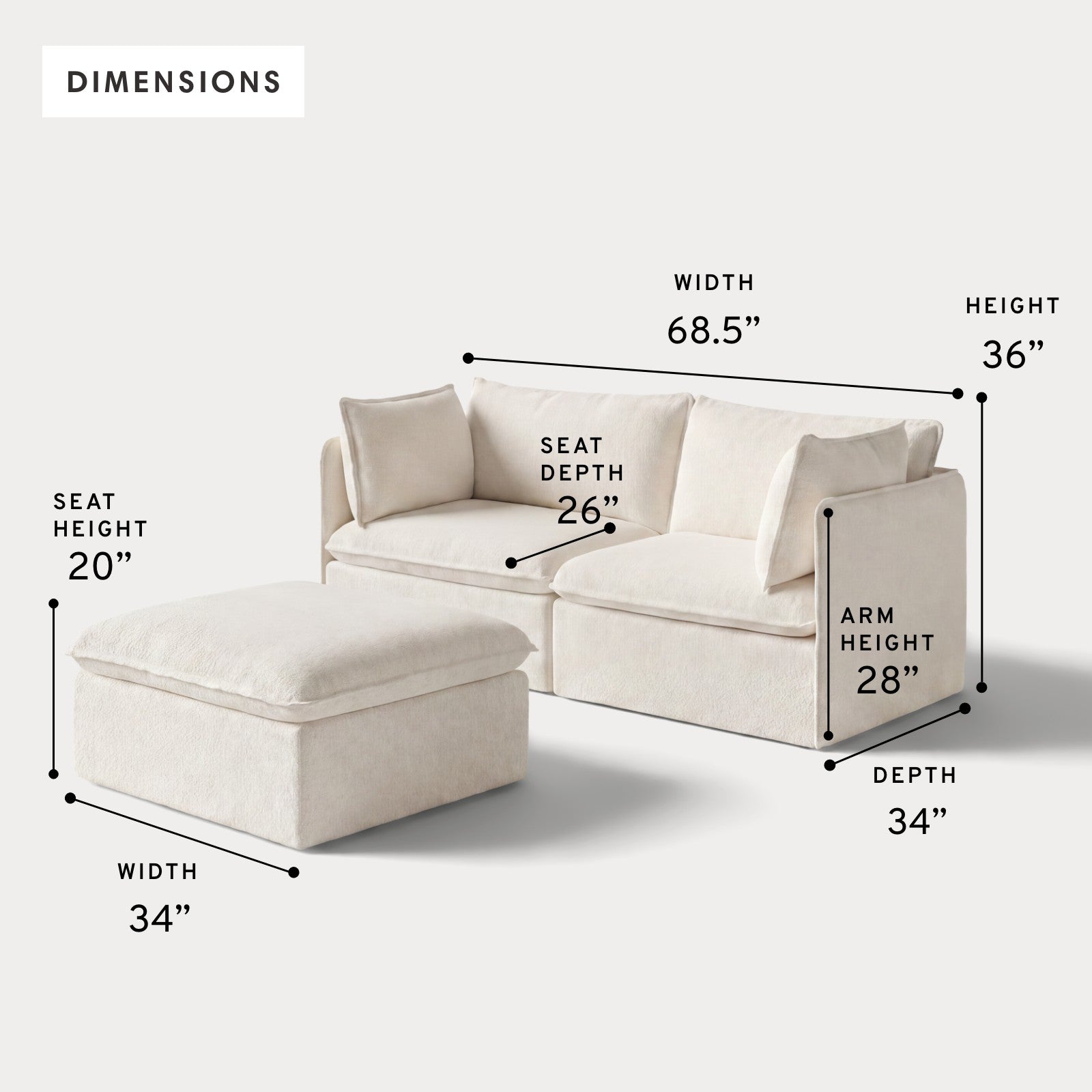 Modular Outdoor Washable 2-Seater + Ottoman | Alfresco Boucle in Creme