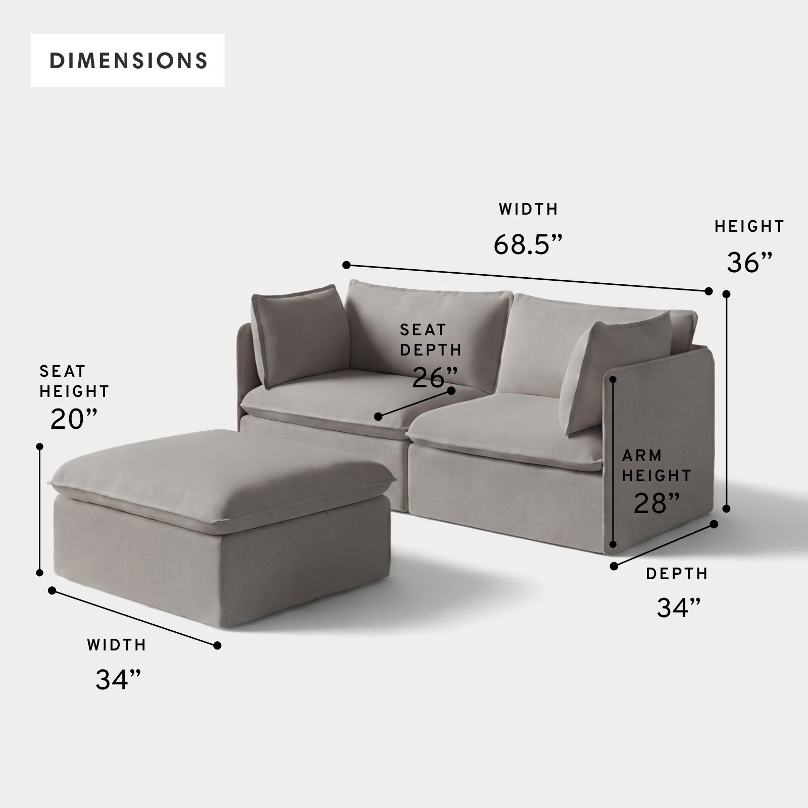 Modular Outdoor Washable 2-Seater + Ottoman | Nano Slubweave in Haze Gray