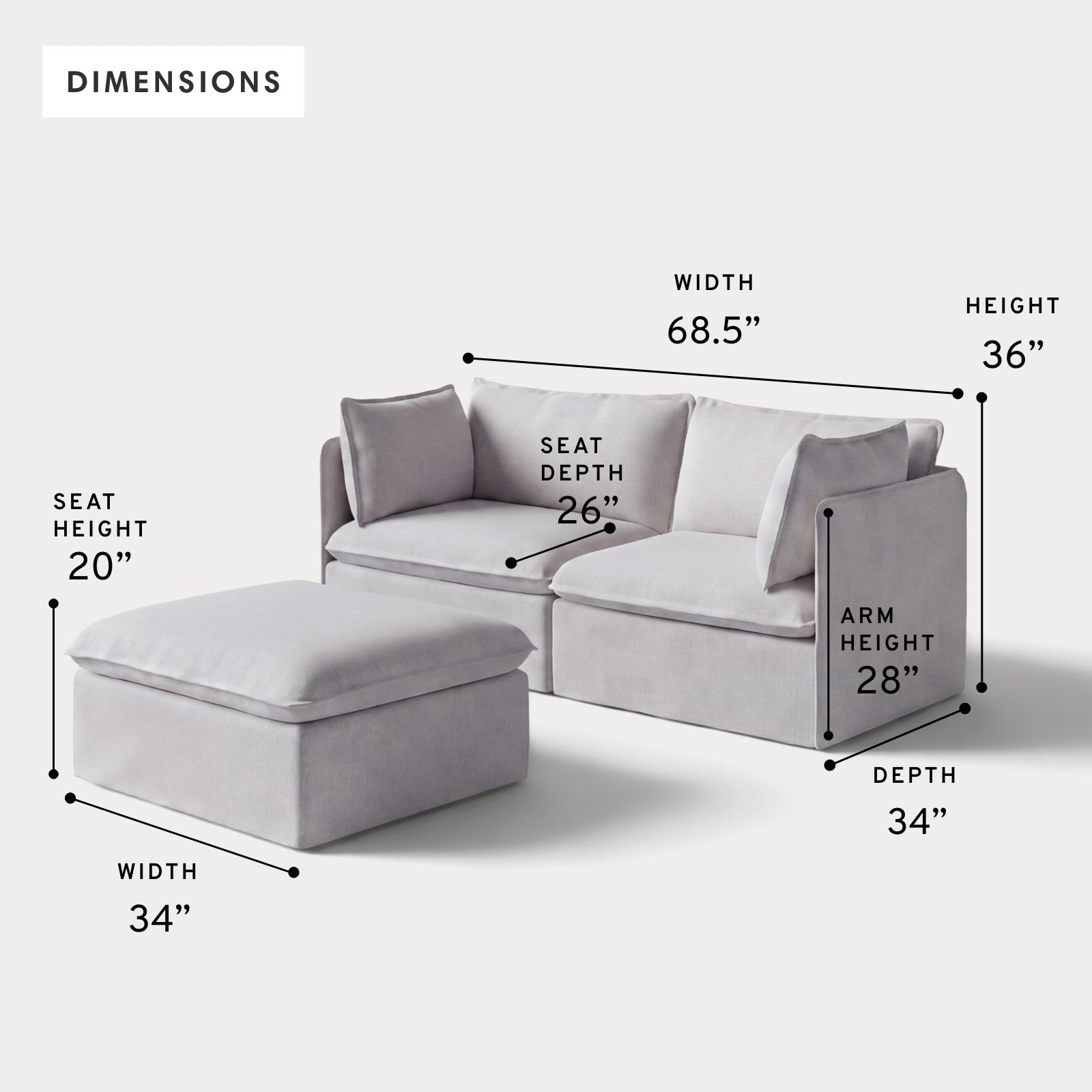 Modular Outdoor Washable 2-Seater + Ottoman | Nano Slubweave in Mist