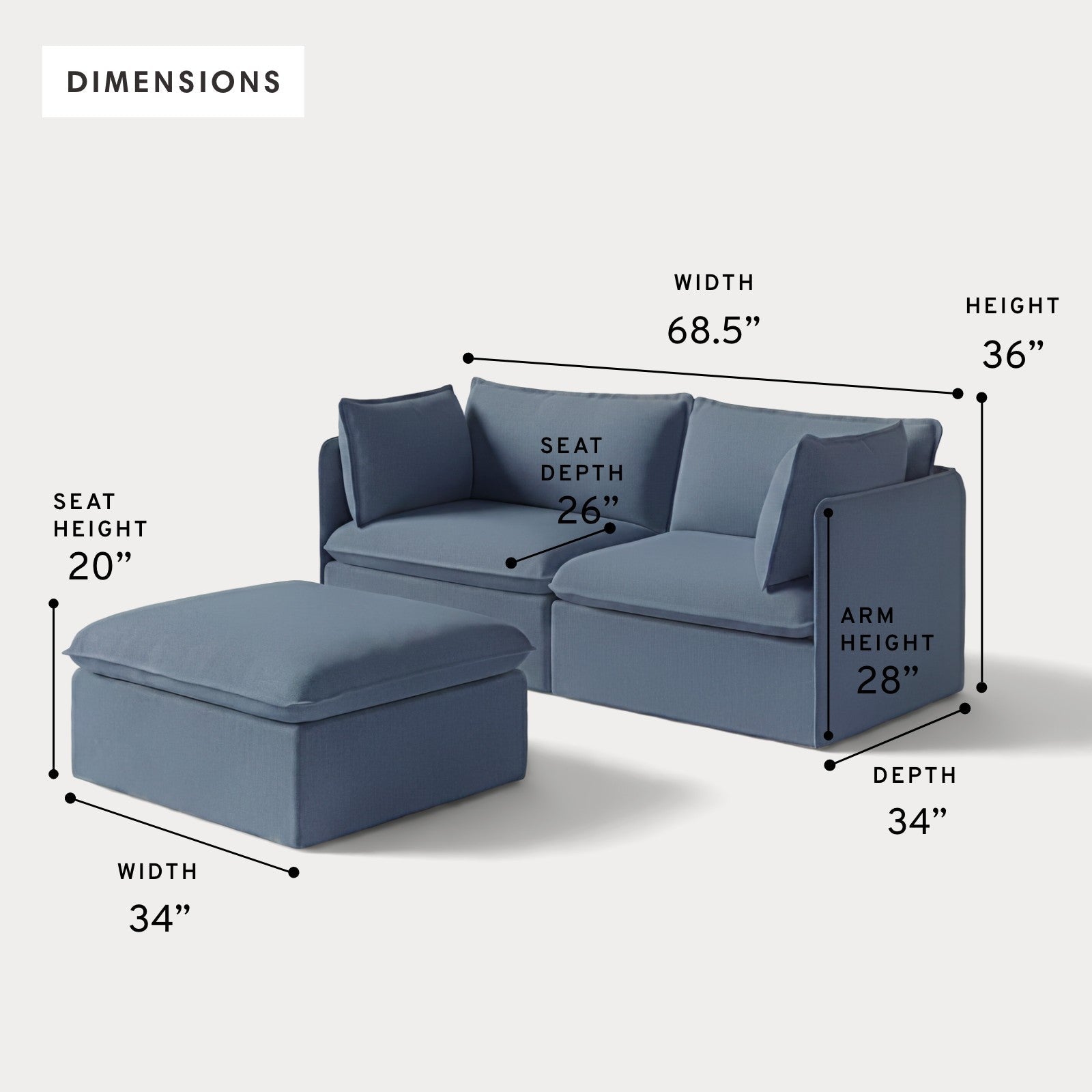 Modular Outdoor Washable 2-Seater + Ottoman | Classic Canvas in Ocean