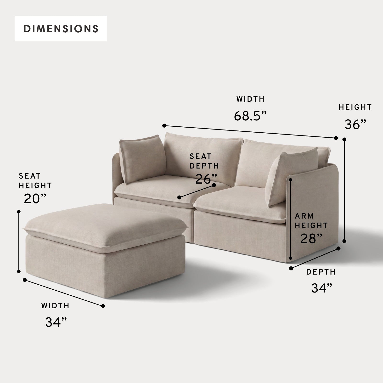 Modular Outdoor Washable 2-Seater + Ottoman | Classic Canvas in Sand