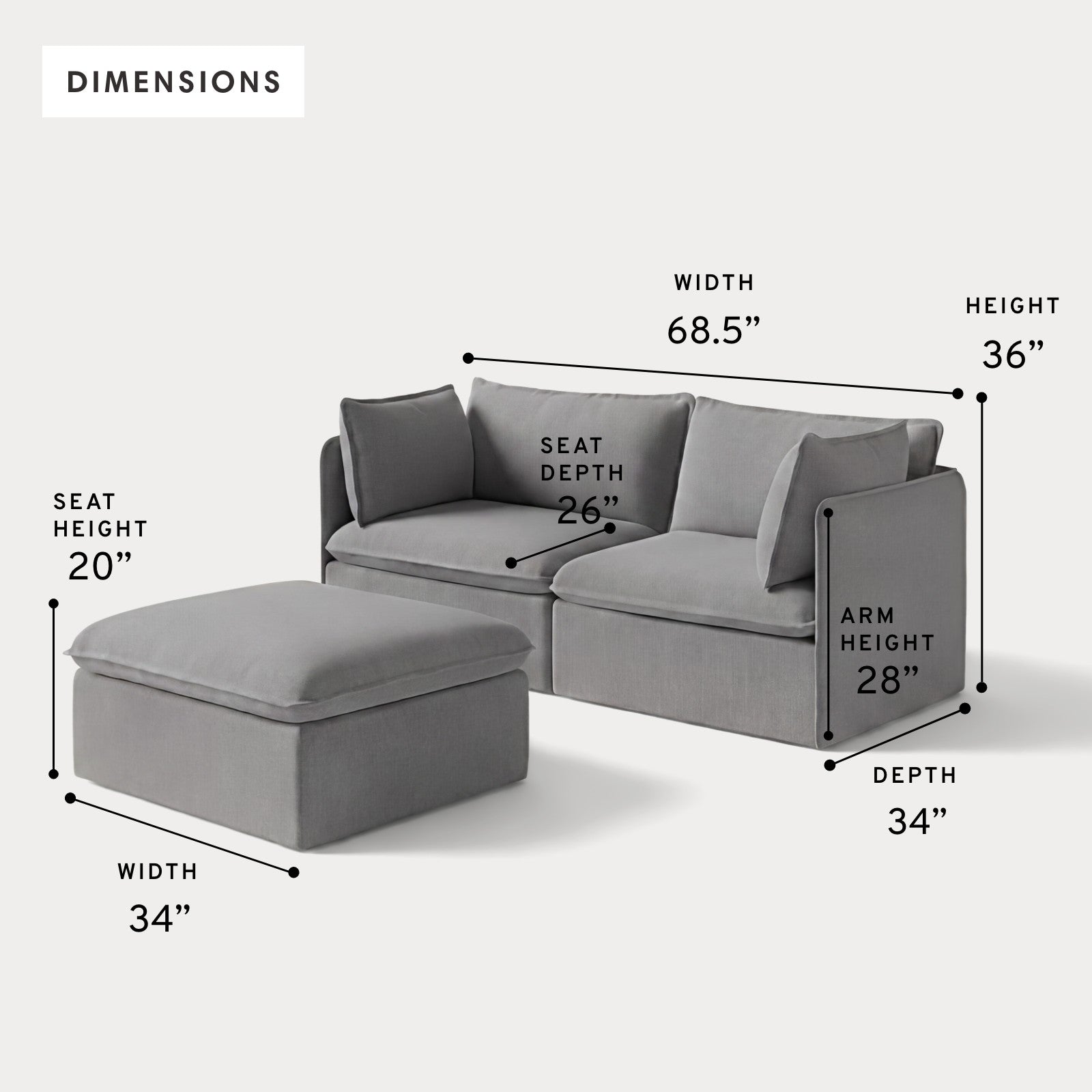 Modular Outdoor Washable 2-Seater + Ottoman | Classic Canvas in Stone Gray