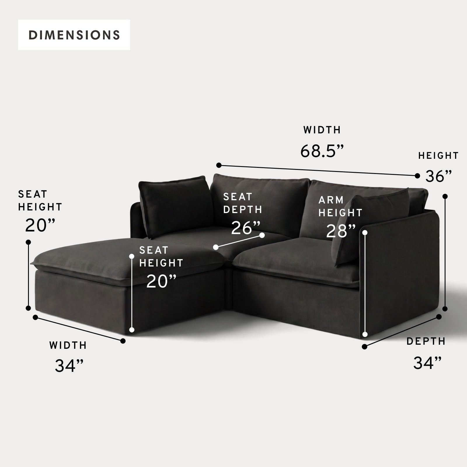 Modular Outdoor Washable 2-Seater Sectional | Classic Canvas in Charcoal