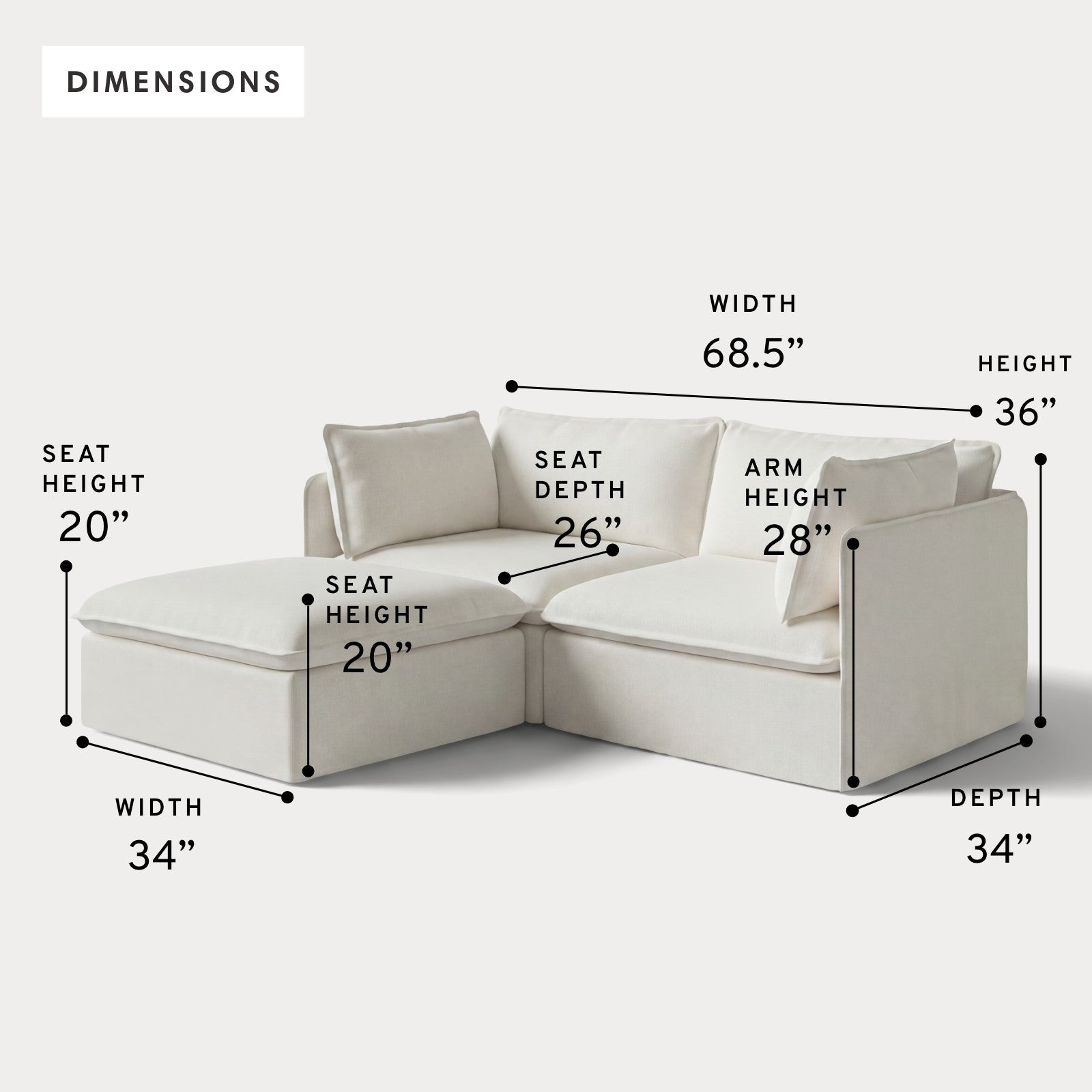 Modular Outdoor Washable 2-Seater Sectional | Classic Canvas in Cloud