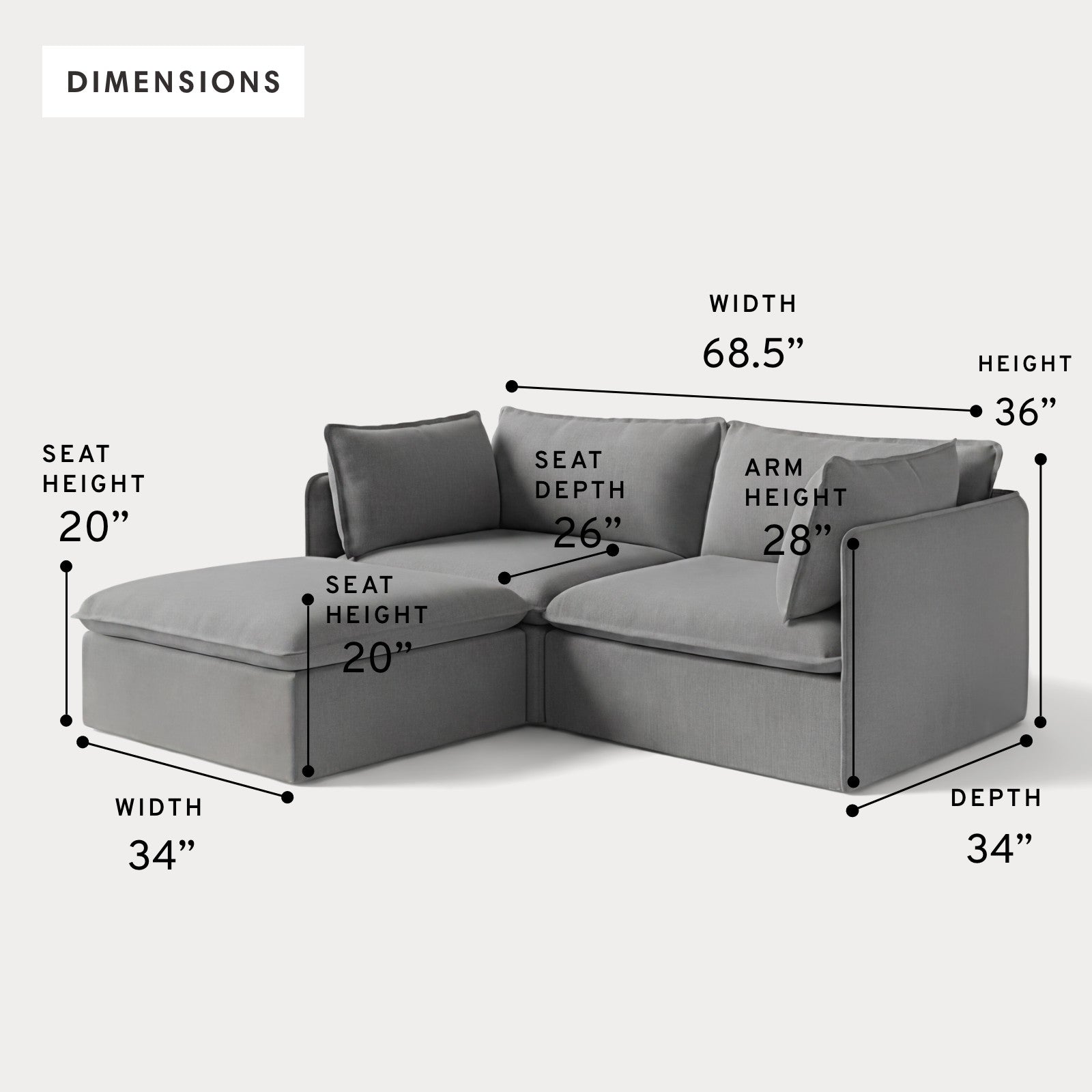 Modular Outdoor Washable 2-Seater Sectional | Classic Canvas in Stone Gray