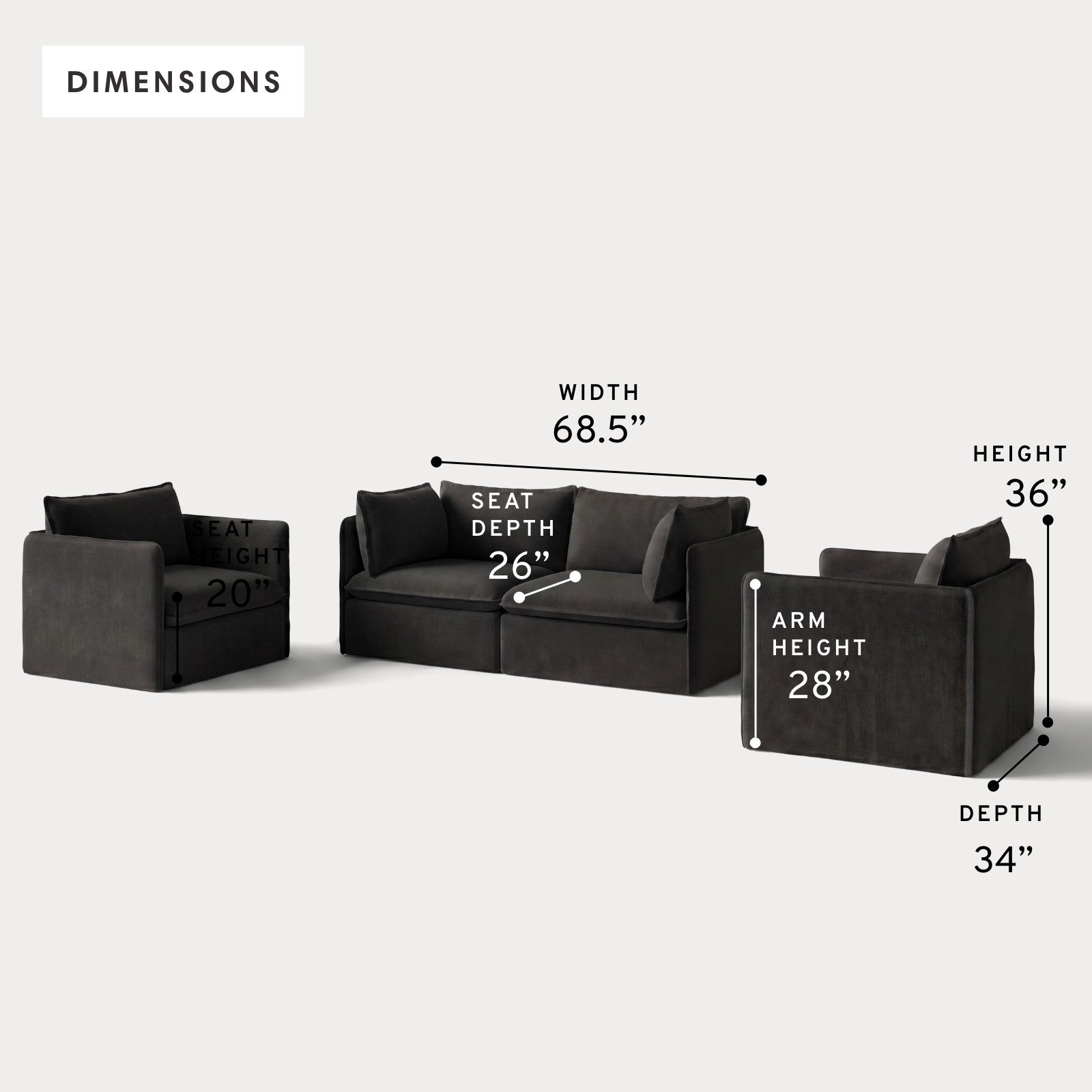 Modular Outdoor Washable 2-Seater Sofa + Armchair Set | Classic Canvas in Charcoal