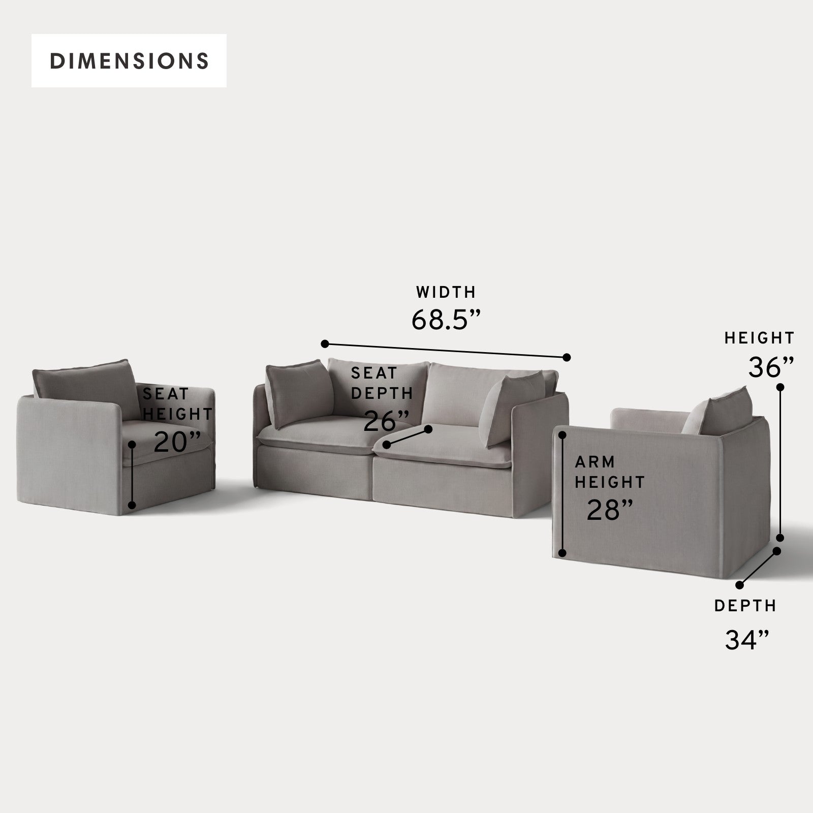 Modular Outdoor Washable 2-Seater Sofa + Armchair Set | Nano Slubweave in Haze Gray