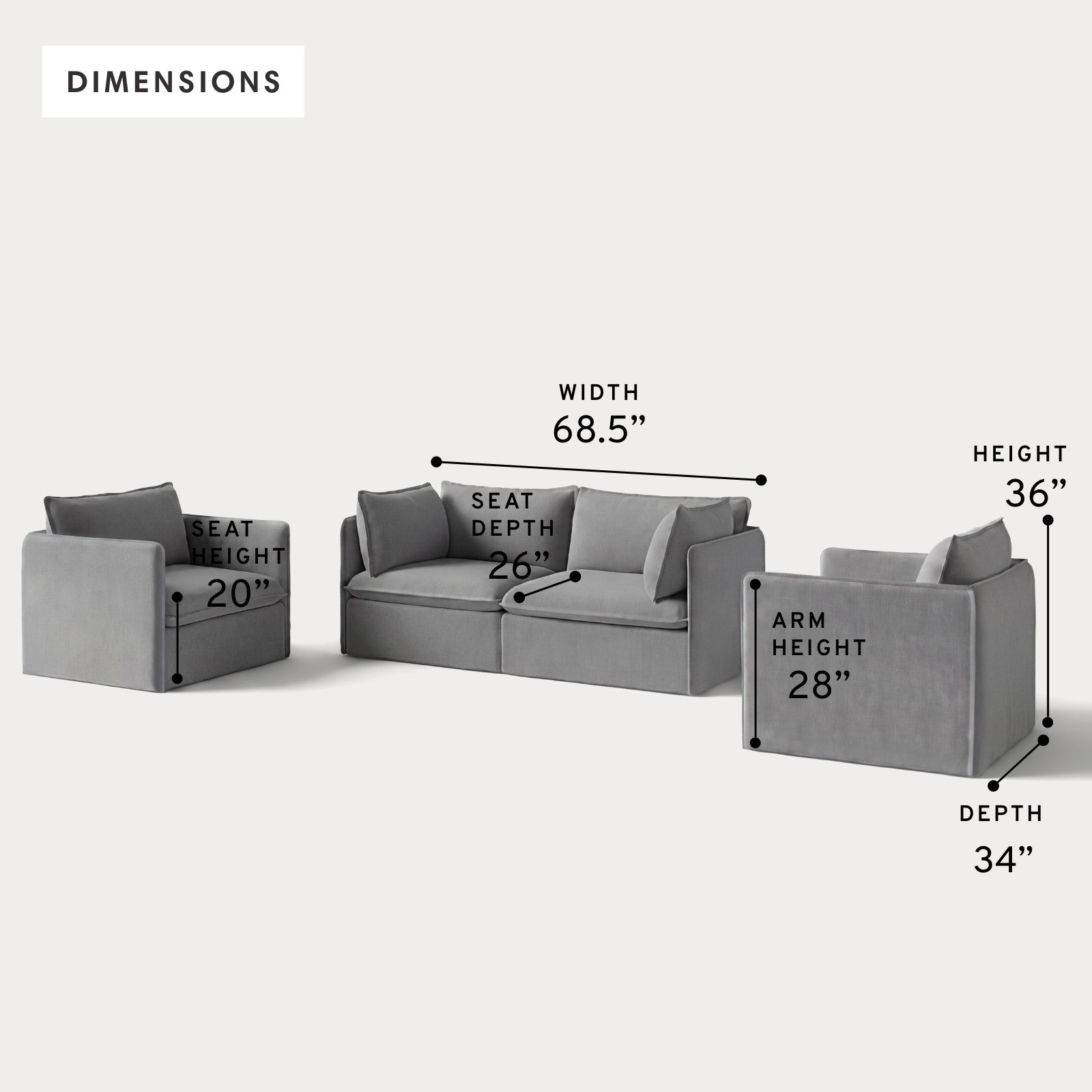 Modular Outdoor Washable 2-Seater Sofa + Armchair Set | Classic Canvas in Stone Gray
