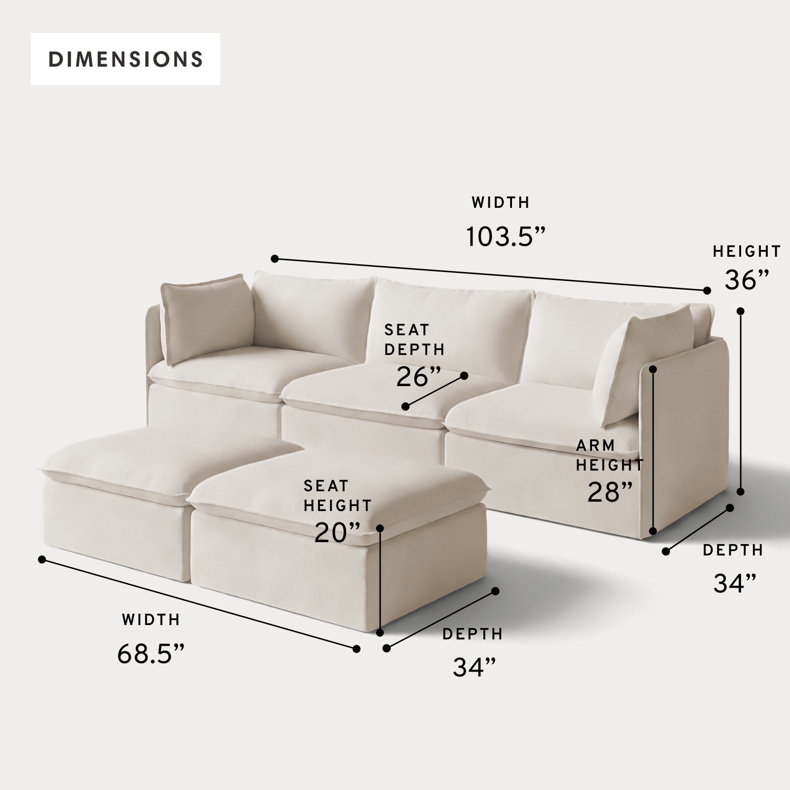 Modular Outdoor Washable 3-Seater + Bench Ottoman | Nano Slubweave in Chai