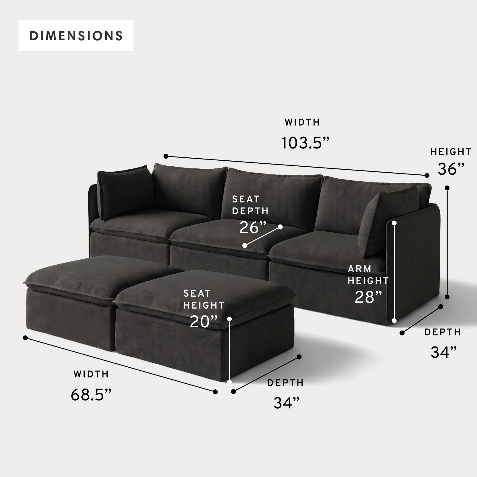 Modular Outdoor Washable 3-Seater + Bench Ottoman | Classic Canvas in Charcoal