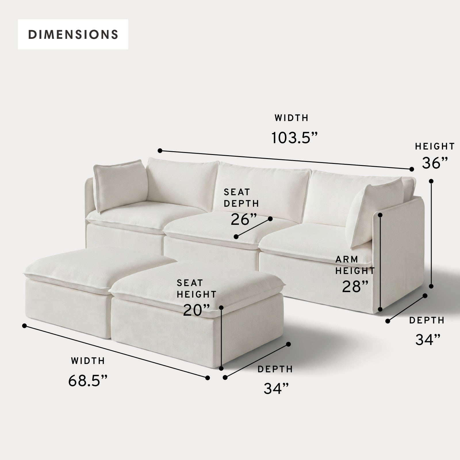 Modular Outdoor Washable 3-Seater + Bench Ottoman | Classic Canvas in Cloud