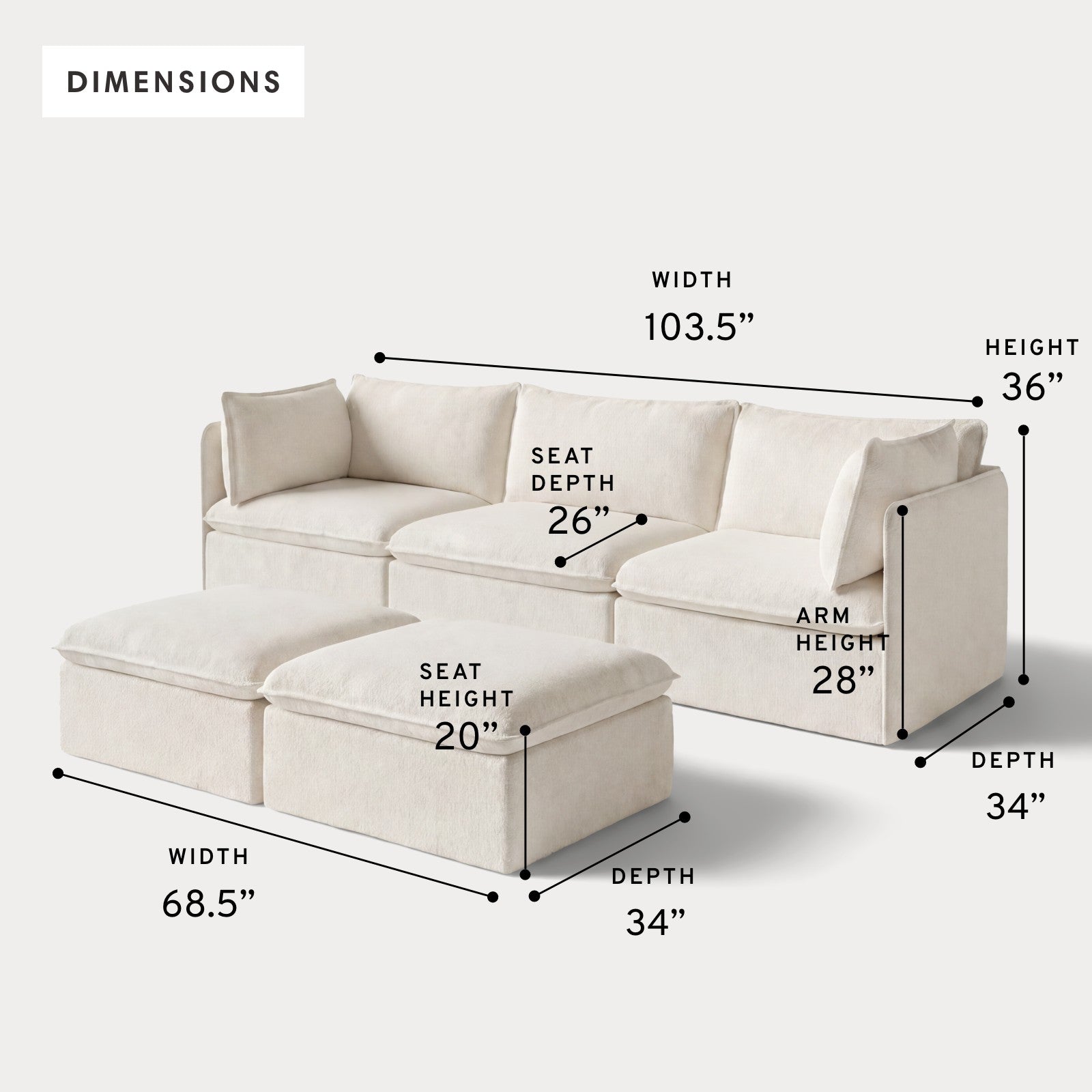 Modular Outdoor Washable 3-Seater + Bench Ottoman | Alfresco Boucle in Creme