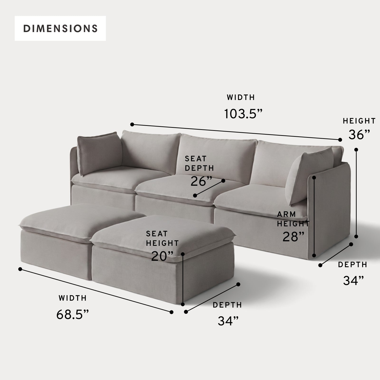 Modular Outdoor Washable 3-Seater + Bench Ottoman | Nano Slubweave in Haze Gray
