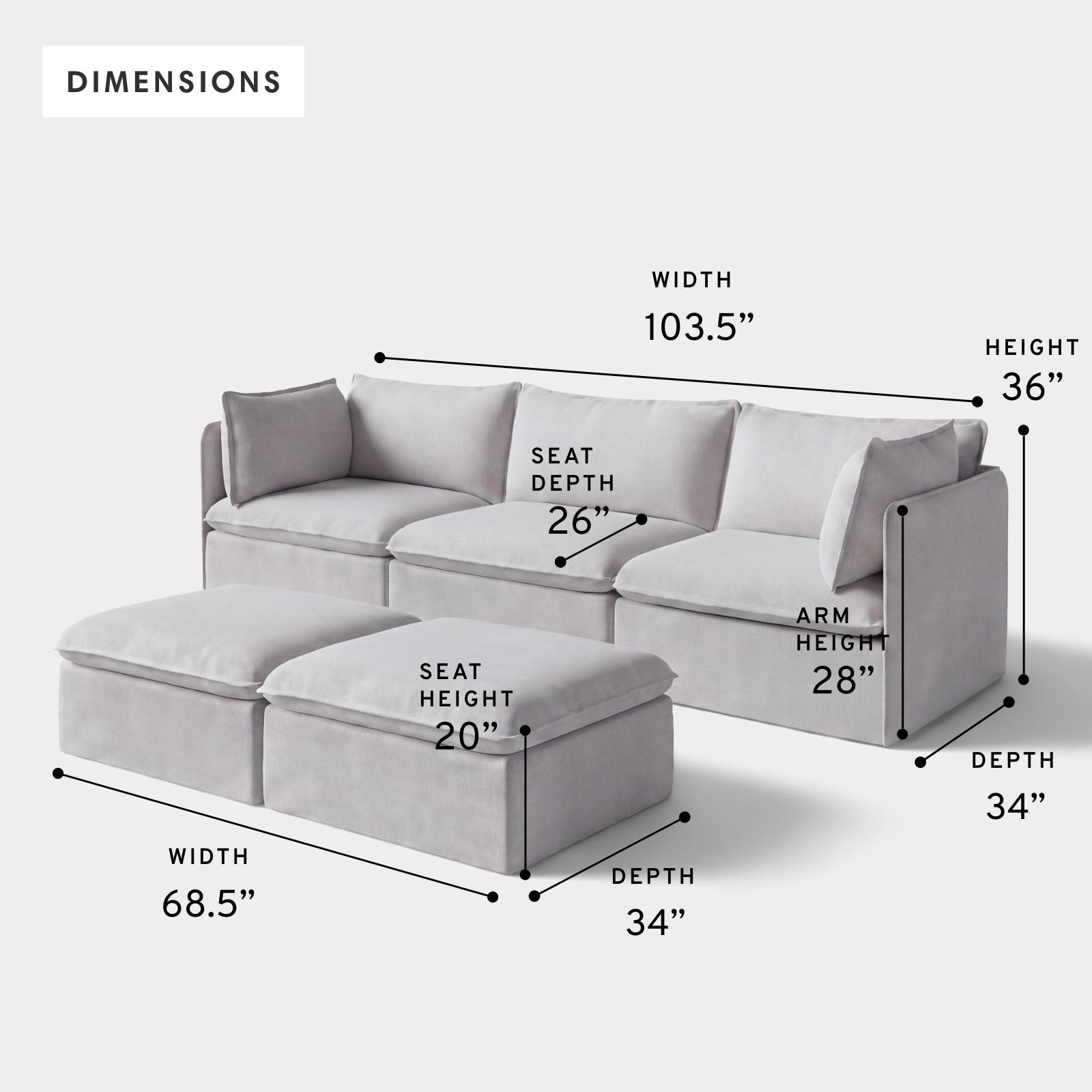 Modular Outdoor Washable 3-Seater + Bench Ottoman | Nano Slubweave in Mist