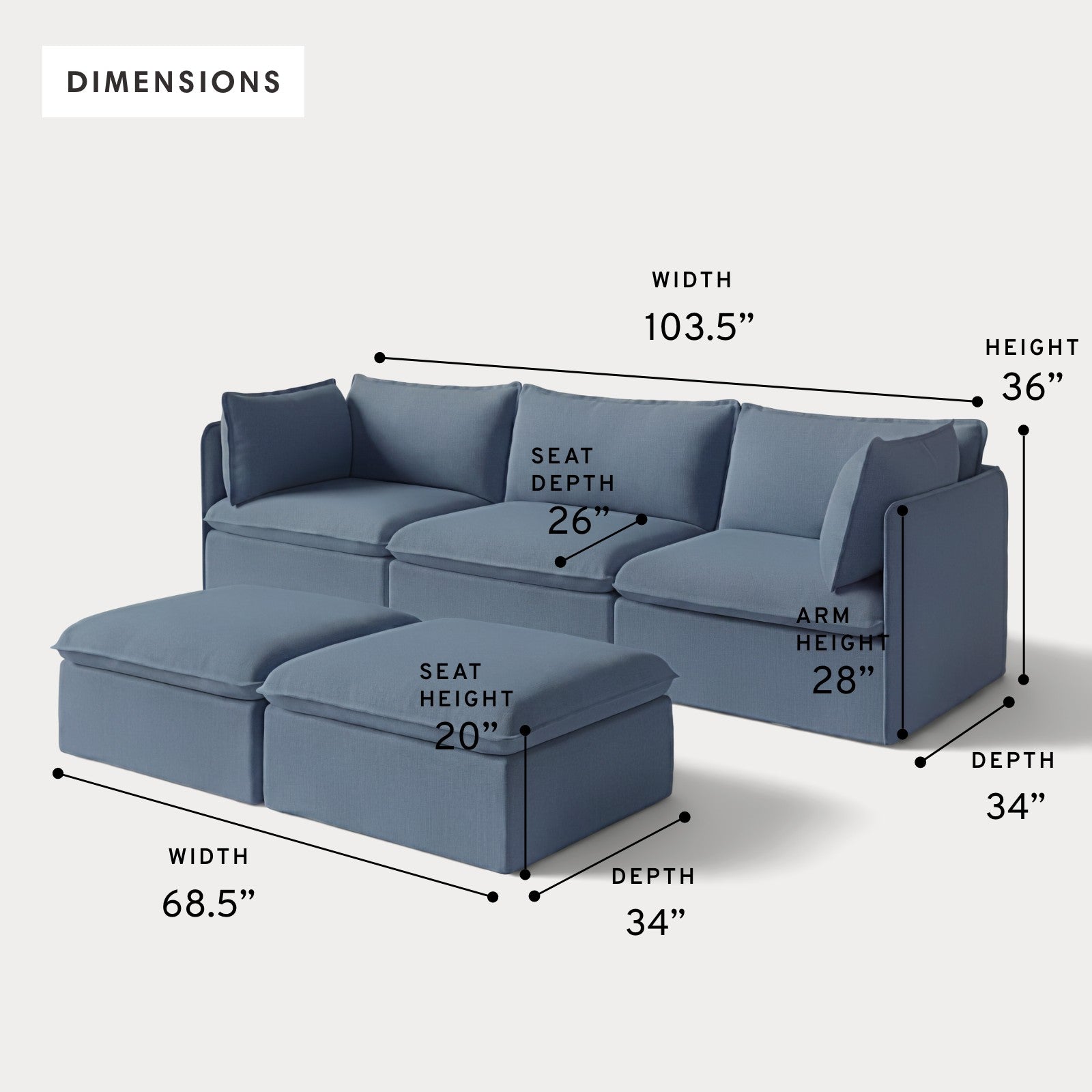 Modular Outdoor Washable 3-Seater + Bench Ottoman | Classic Canvas in Ocean
