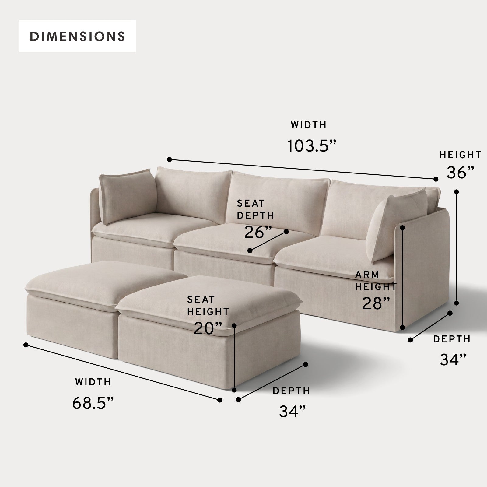 Modular Outdoor Washable 3-Seater + Bench Ottoman | Classic Canvas in Sand