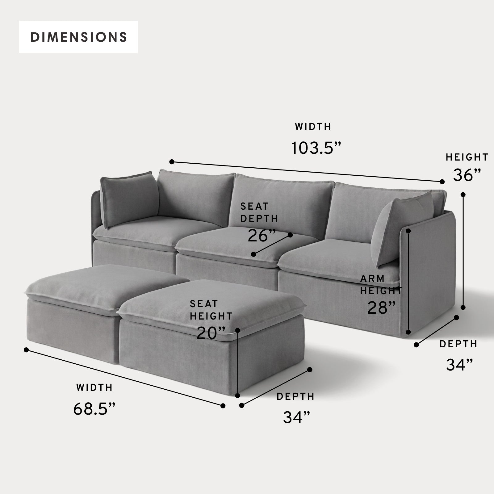 Modular Outdoor Washable 3-Seater + Bench Ottoman | Classic Canvas in Stone Gray