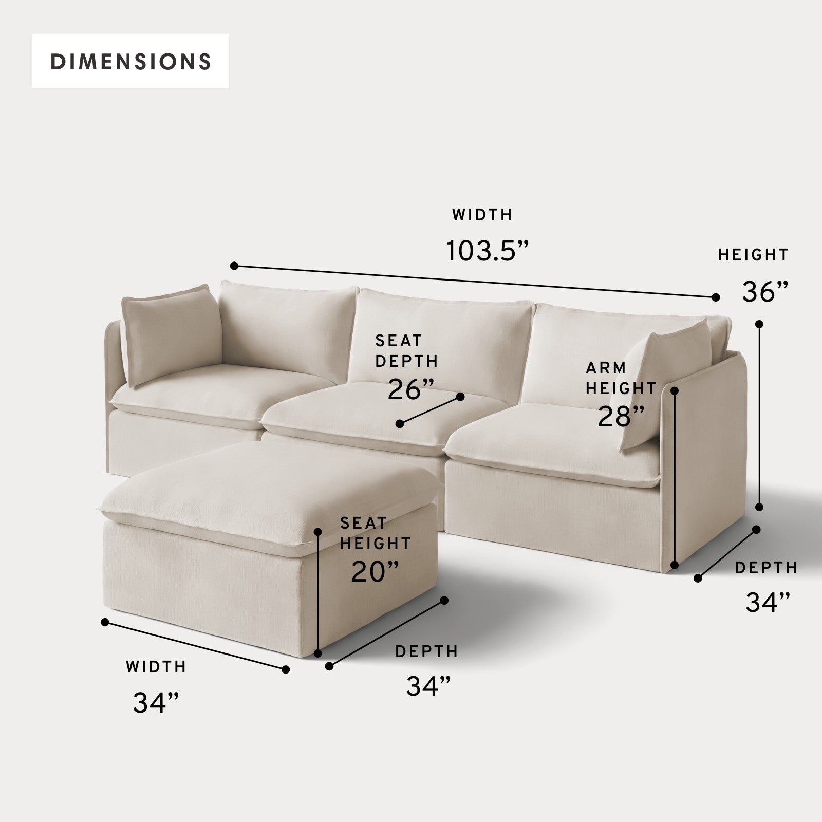 Modular Outdoor Washable 3-Seater + Ottoman | Nano Slubweave in Chai