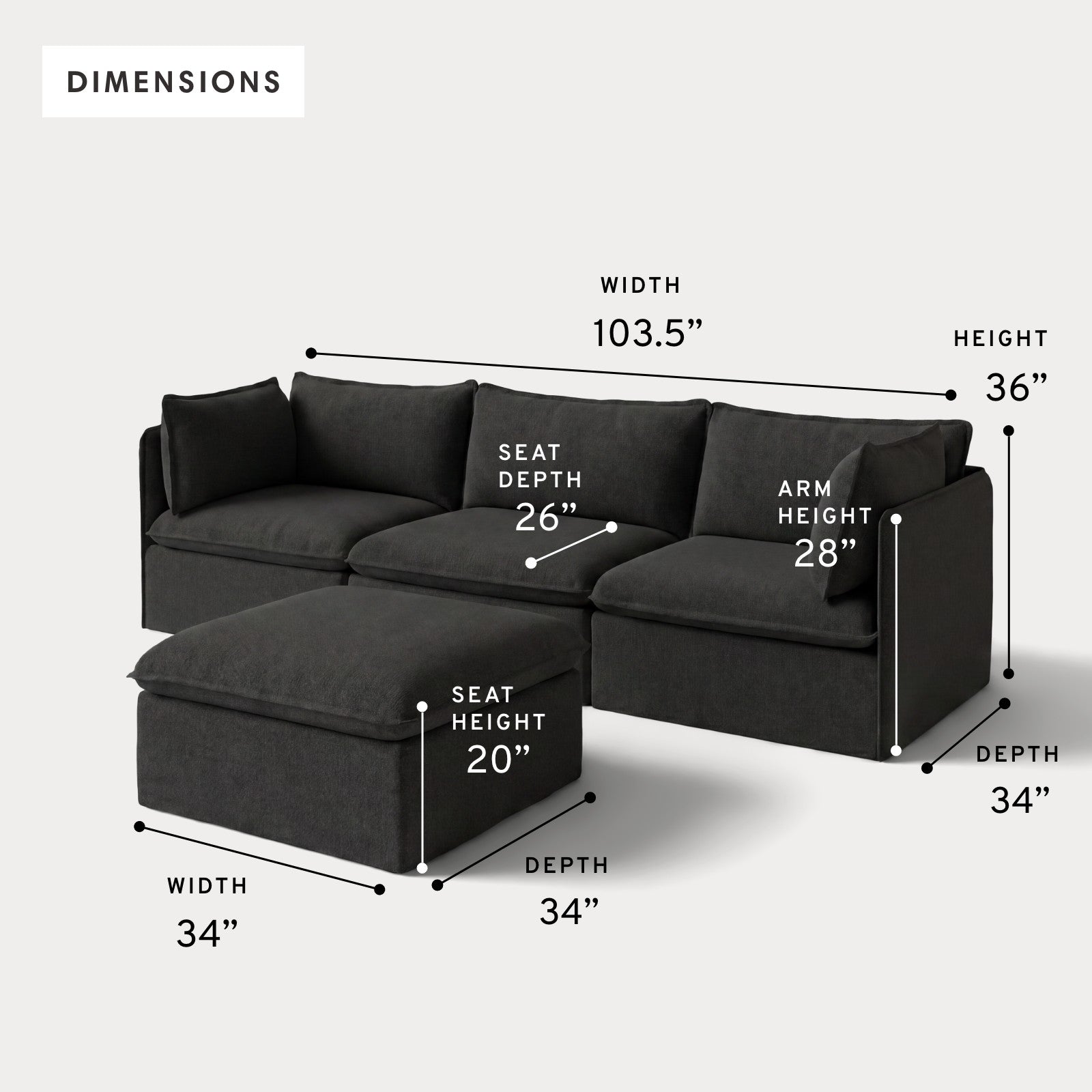 Modular Outdoor Washable 3-Seater + Ottoman | Classic Canvas in Charcoal