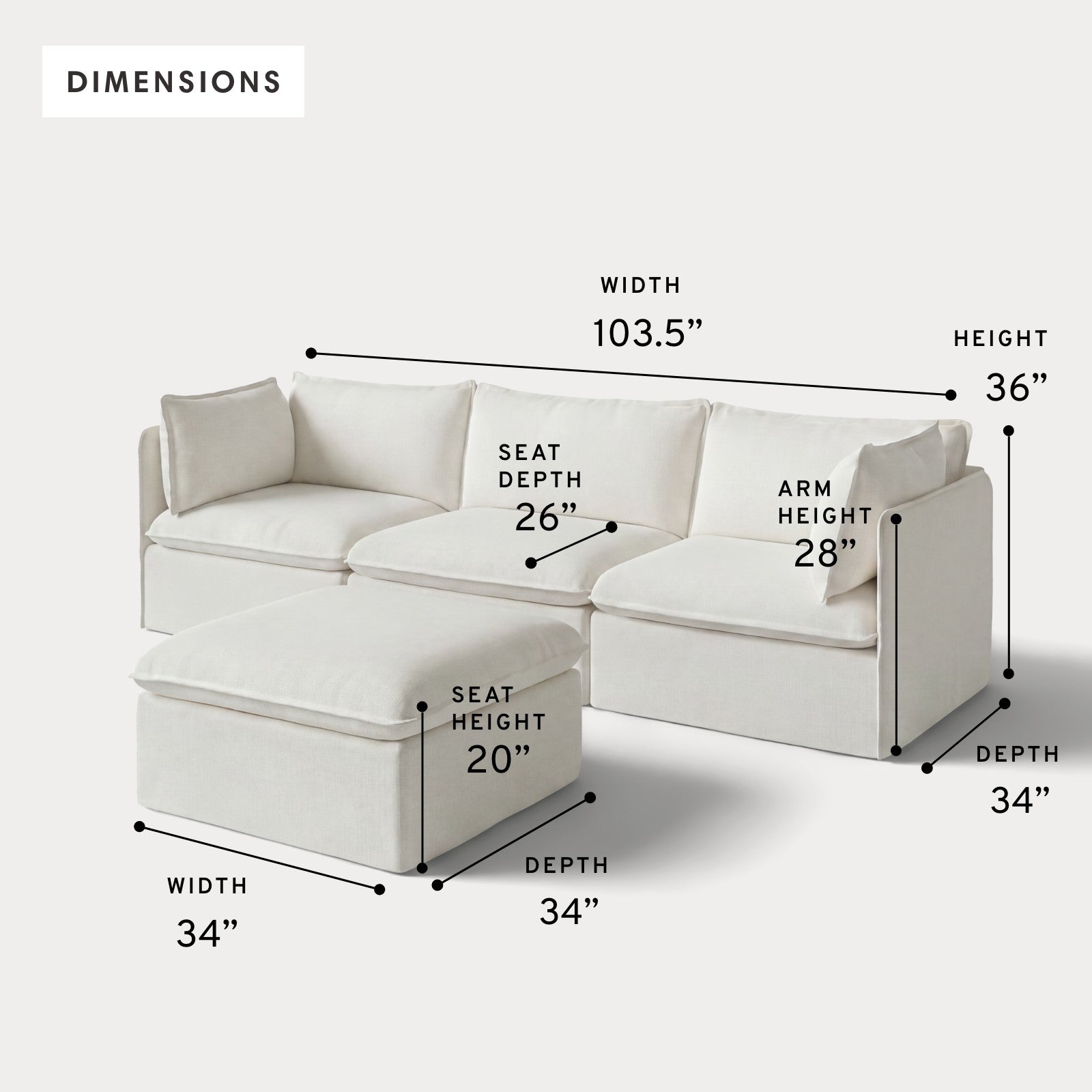 Modular Outdoor Washable 3-Seater + Ottoman | Classic Canvas in Cloud