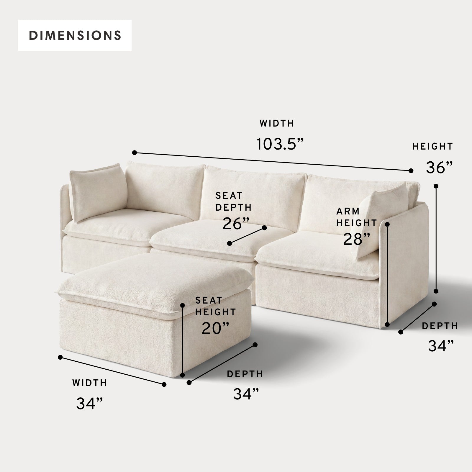 Modular Outdoor Washable 3-Seater + Ottoman | Alfresco Boucle in Creme