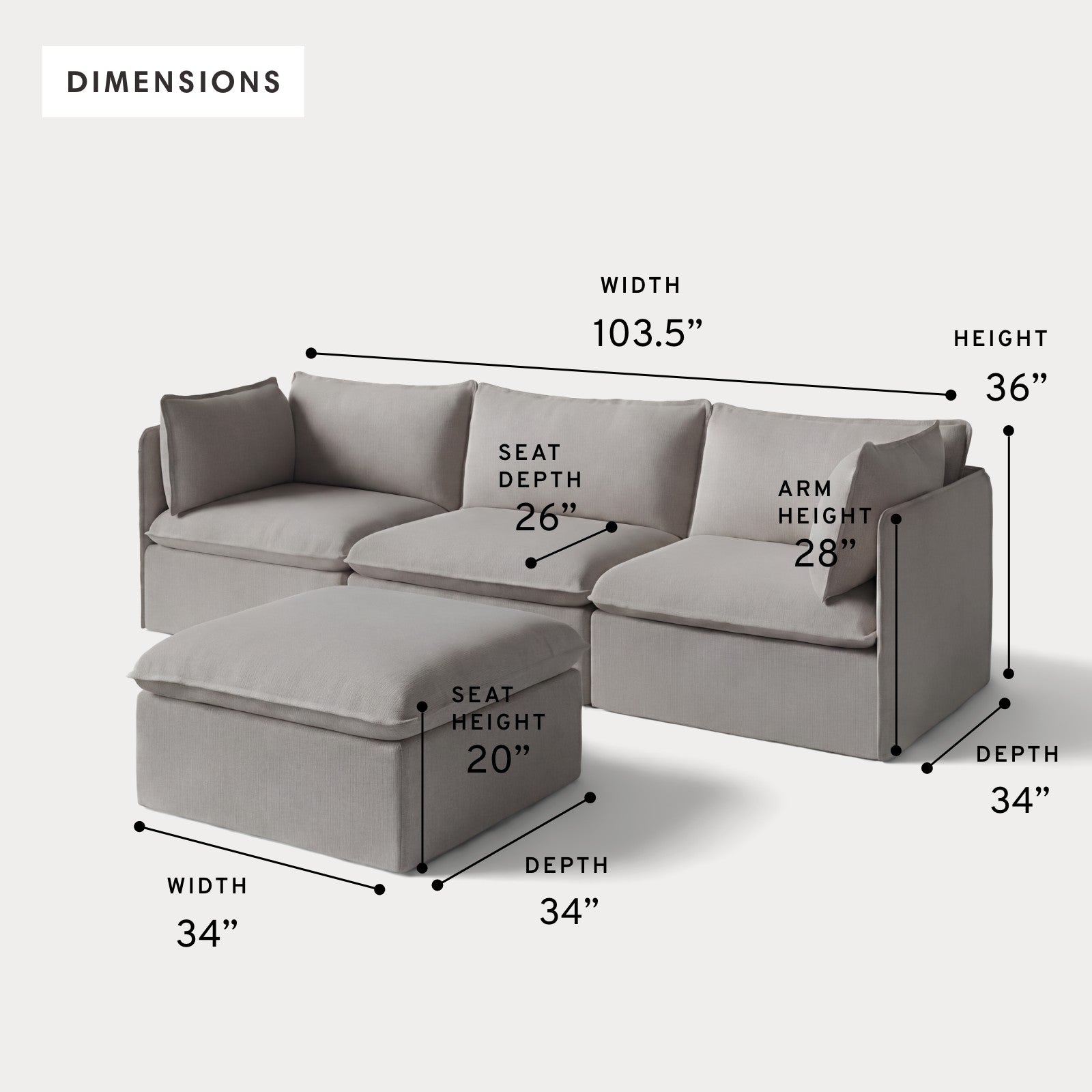 Modular Outdoor Washable 3-Seater + Ottoman | Nano Slubweave in Haze Gray