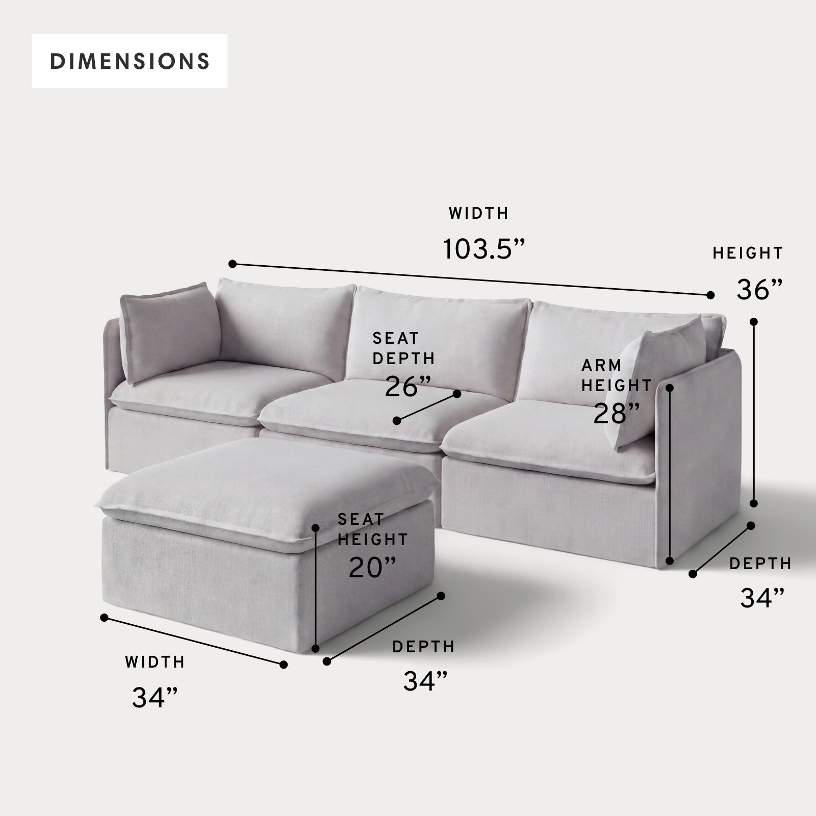 Modular Outdoor Washable 3-Seater + Ottoman | Nano Slubweave in Mist