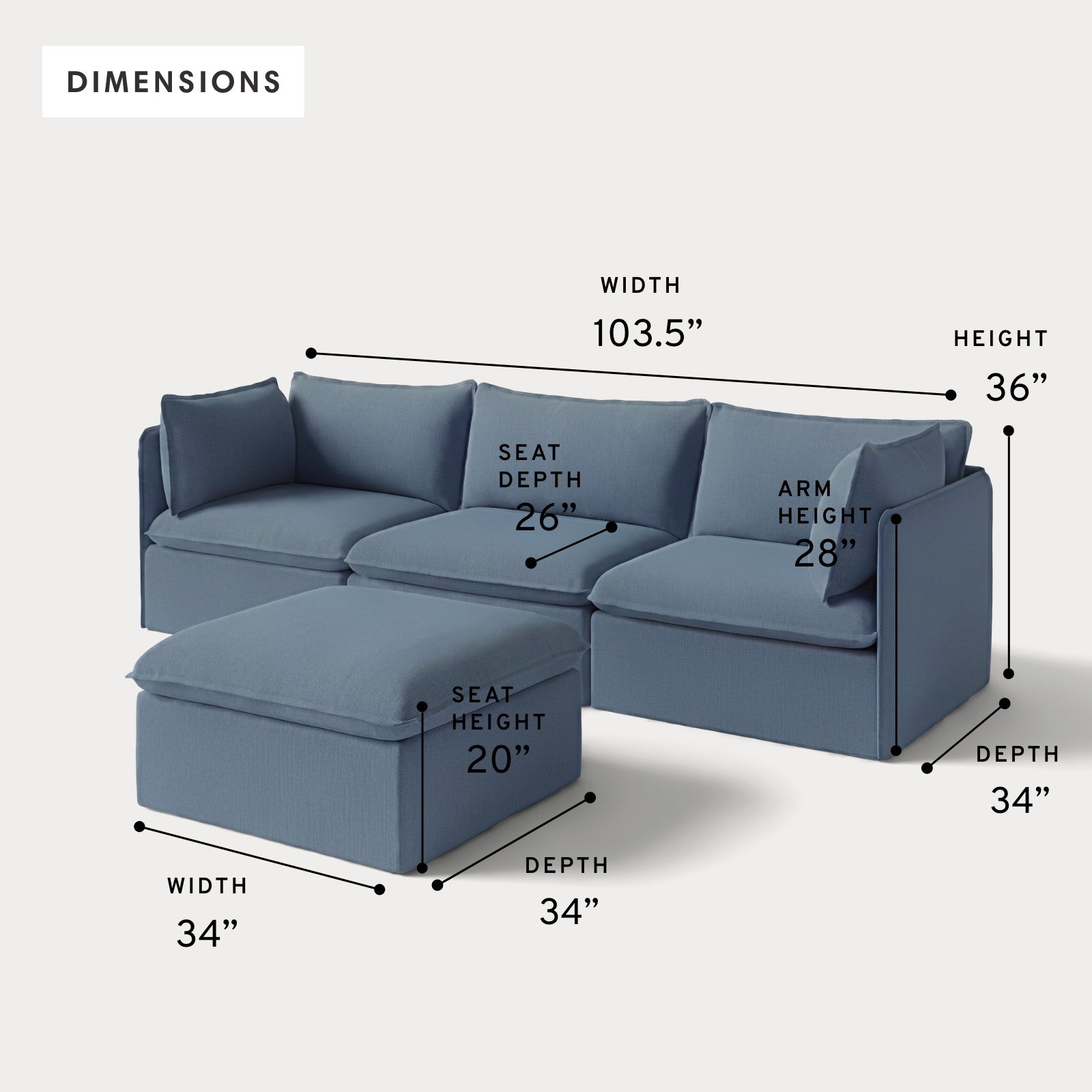 Modular Outdoor Washable 3-Seater + Ottoman | Classic Canvas in Ocean