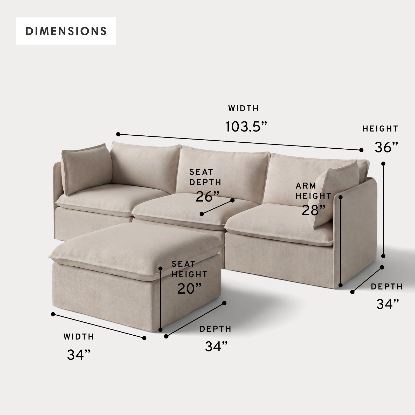 Modular Outdoor Washable 3-Seater + Ottoman | Classic Canvas in Sand