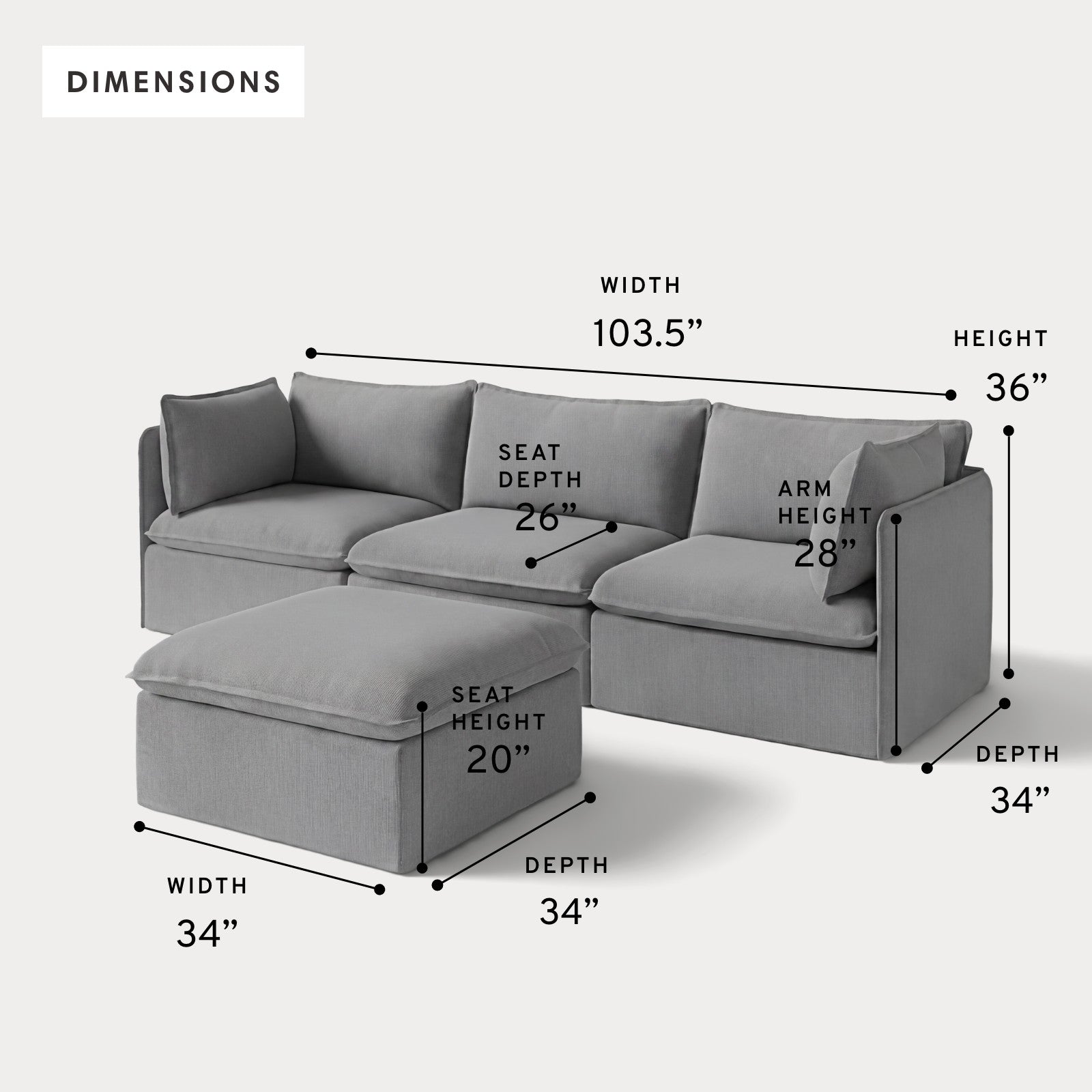 Modular Outdoor Washable 3-Seater + Ottoman | Classic Canvas in Stone Gray