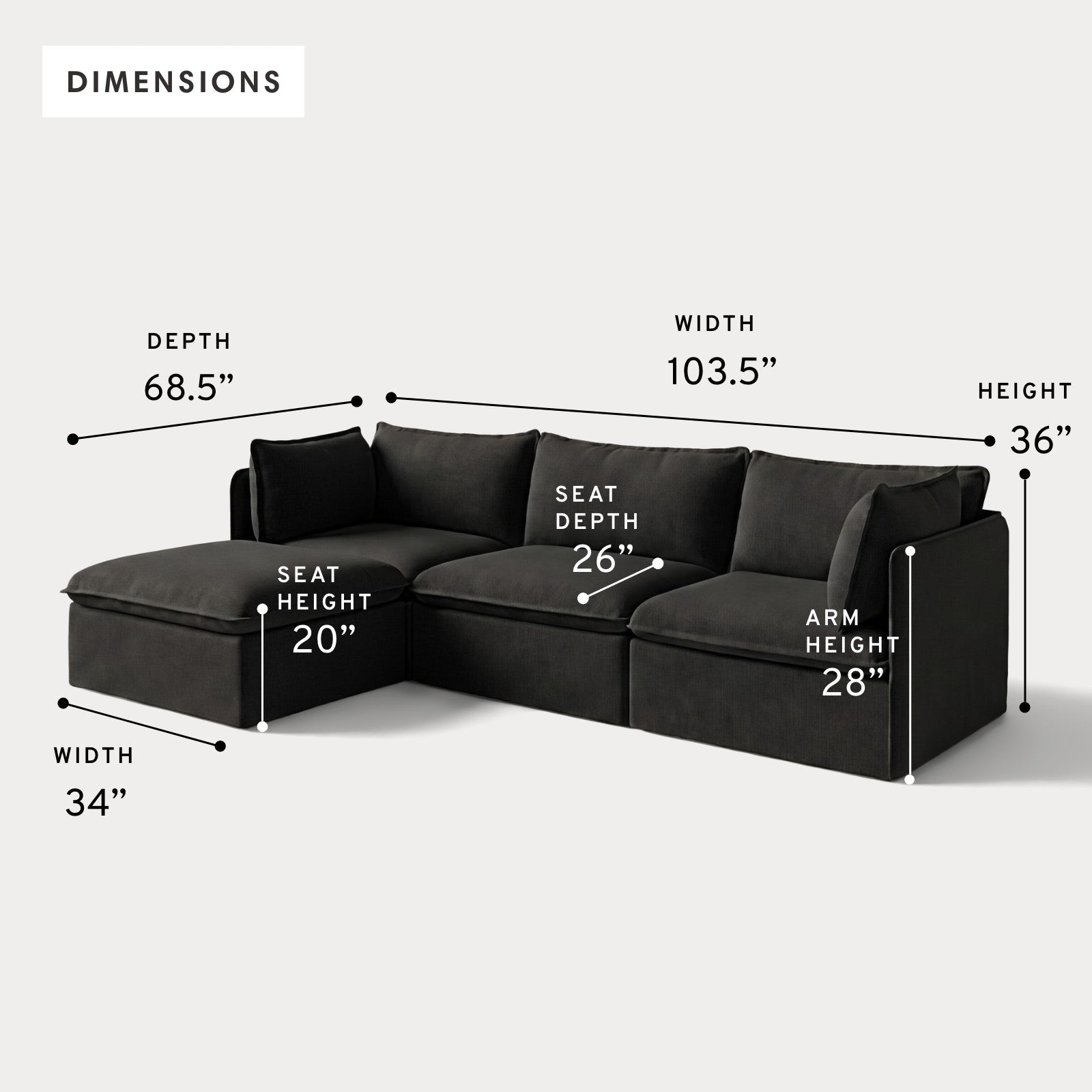 Modular Outdoor Washable 3-Seater Sectional | Classic Canvas in Charcoal