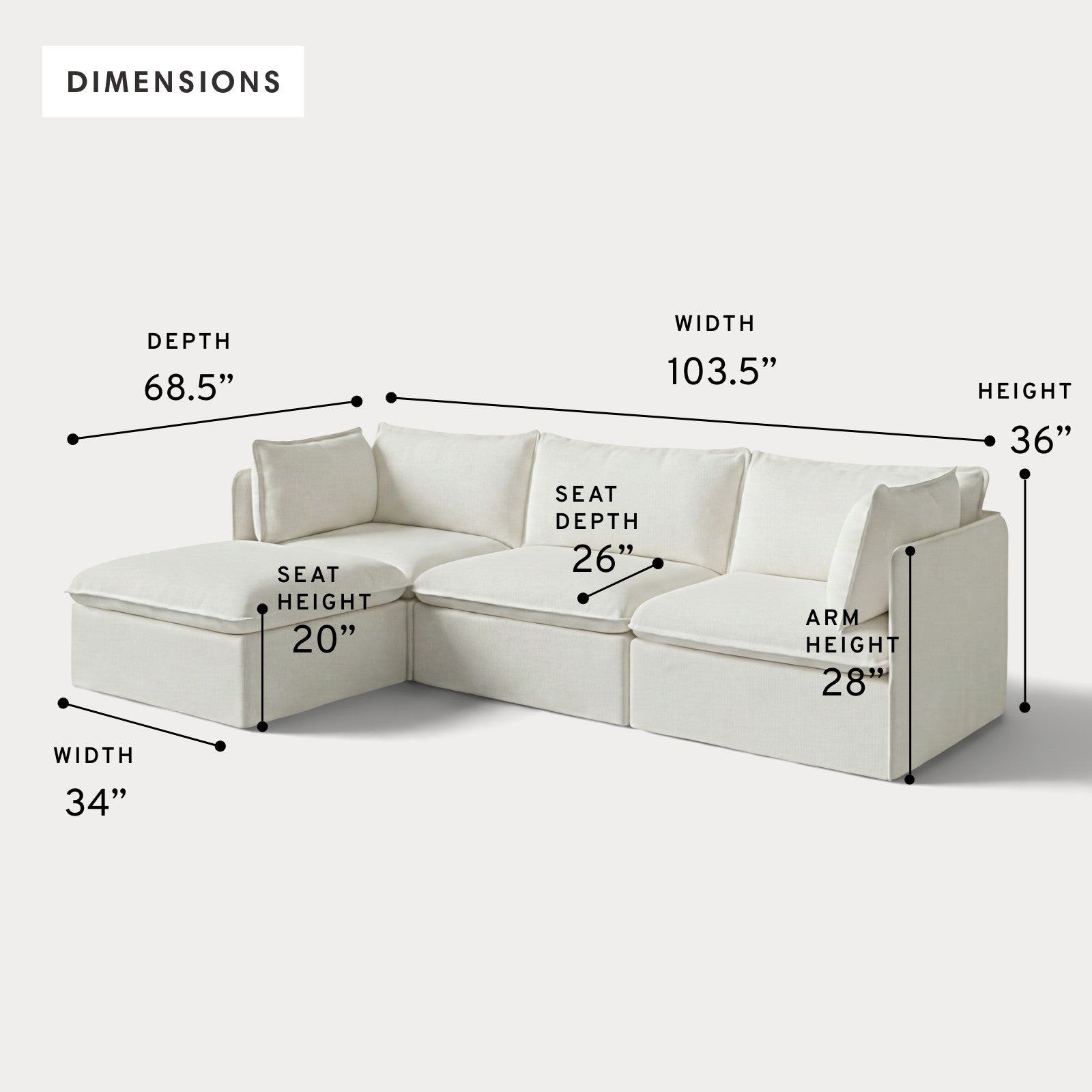 Modular Outdoor Washable 3-Seater Sectional | Classic Canvas in Cloud