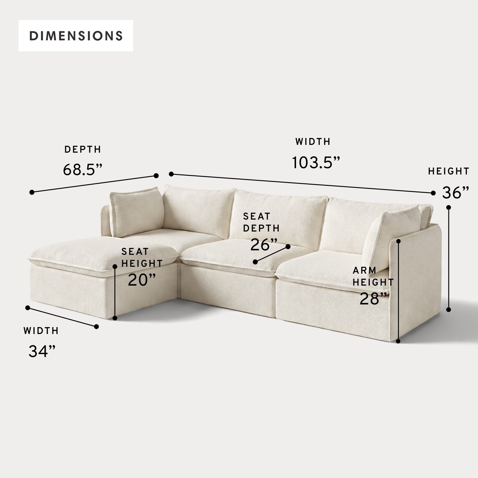 Modular Outdoor Washable 3-Seater Sectional | Alfresco Boucle in Creme