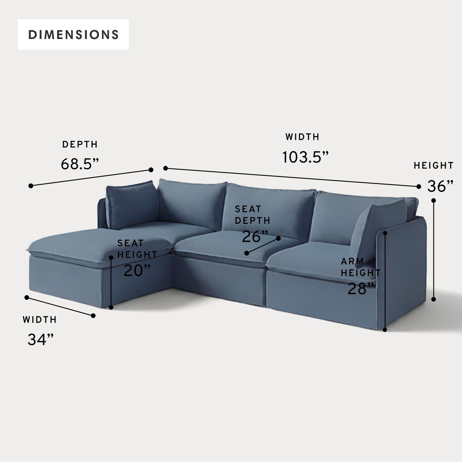 Modular Outdoor Washable 3-Seater Sectional | Classic Canvas in Ocean