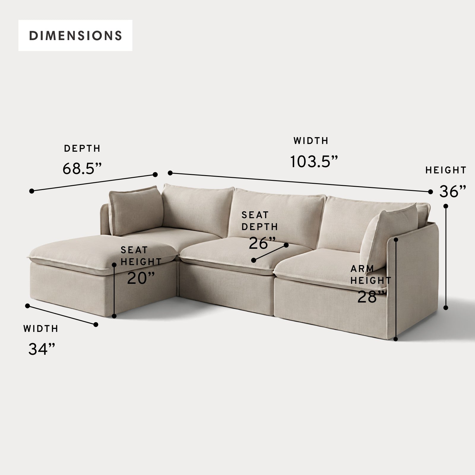 Modular Outdoor Washable 3-Seater Sectional | Classic Canvas in Sand
