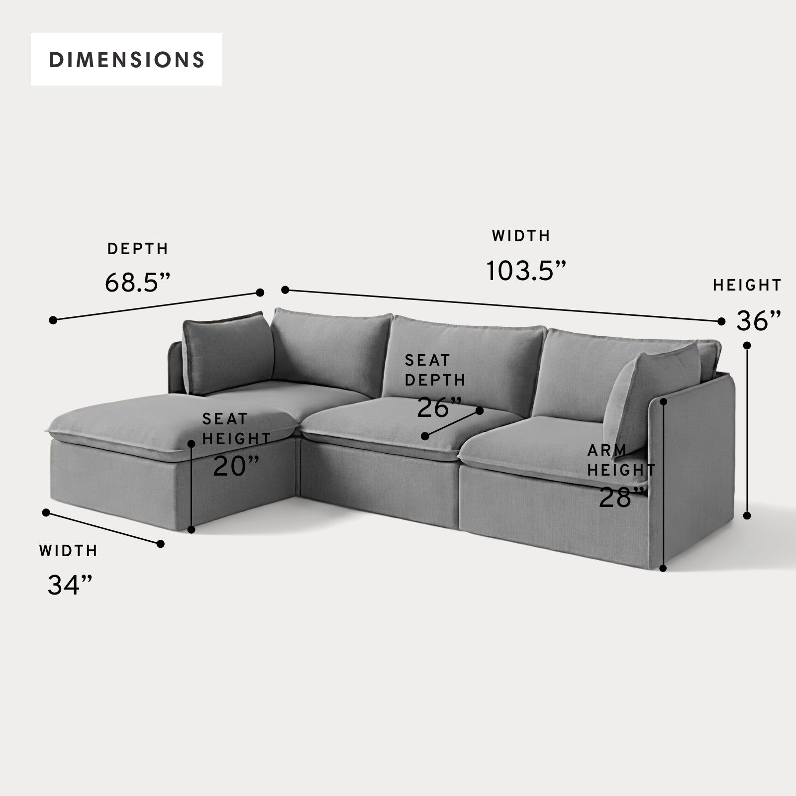 Modular Outdoor Washable 3-Seater Sectional | Classic Canvas in Stone Gray