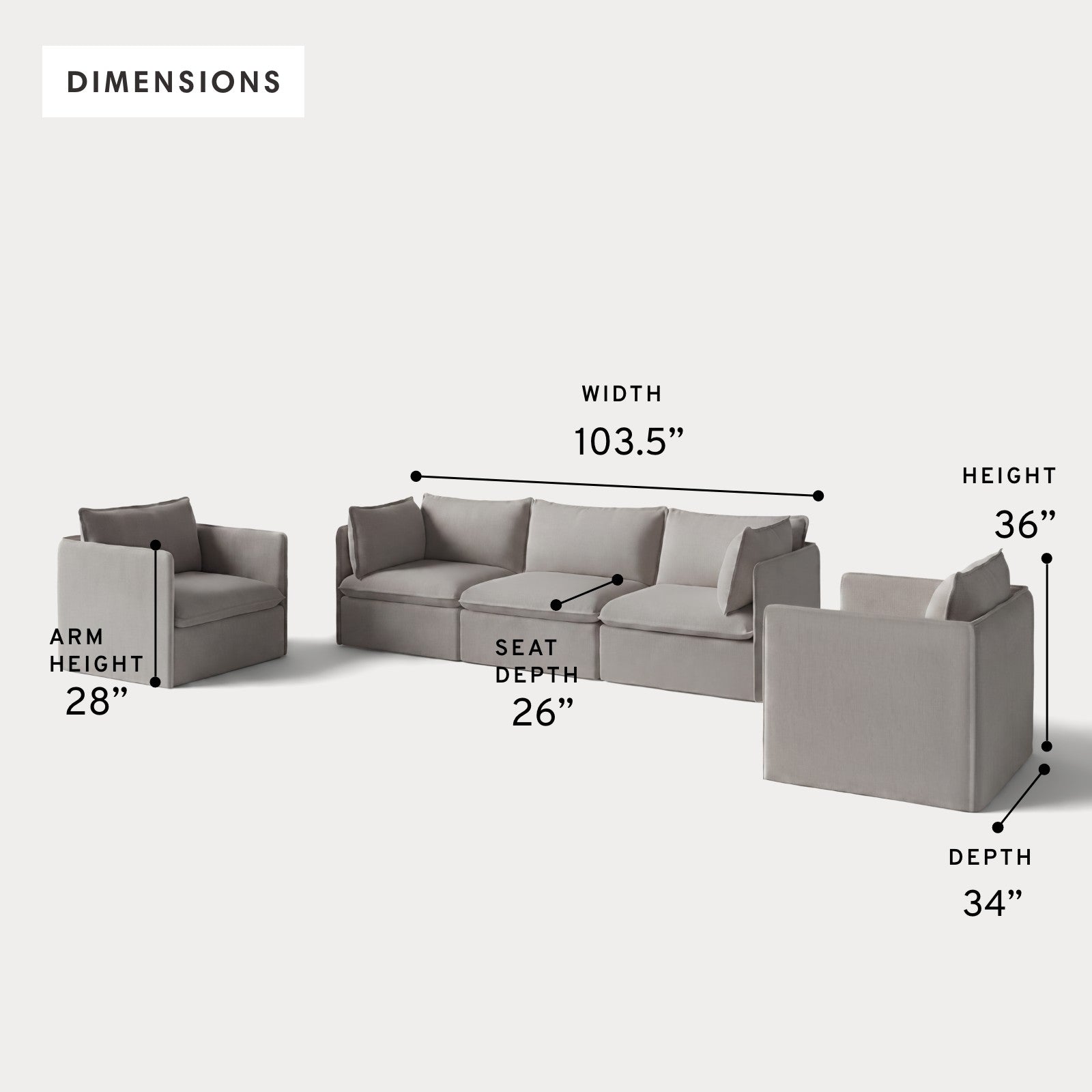 Modular Outdoor Washable 3-Seater Sofa + Armchair Set | Nano Slubweave in Haze Gray