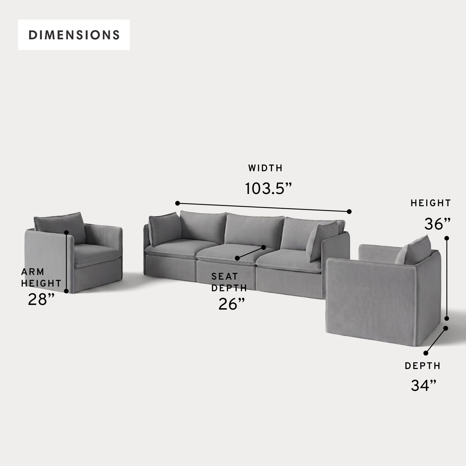 Modular Outdoor Washable 3-Seater Sofa + Armchair Set | Classic Canvas in Stone Gray