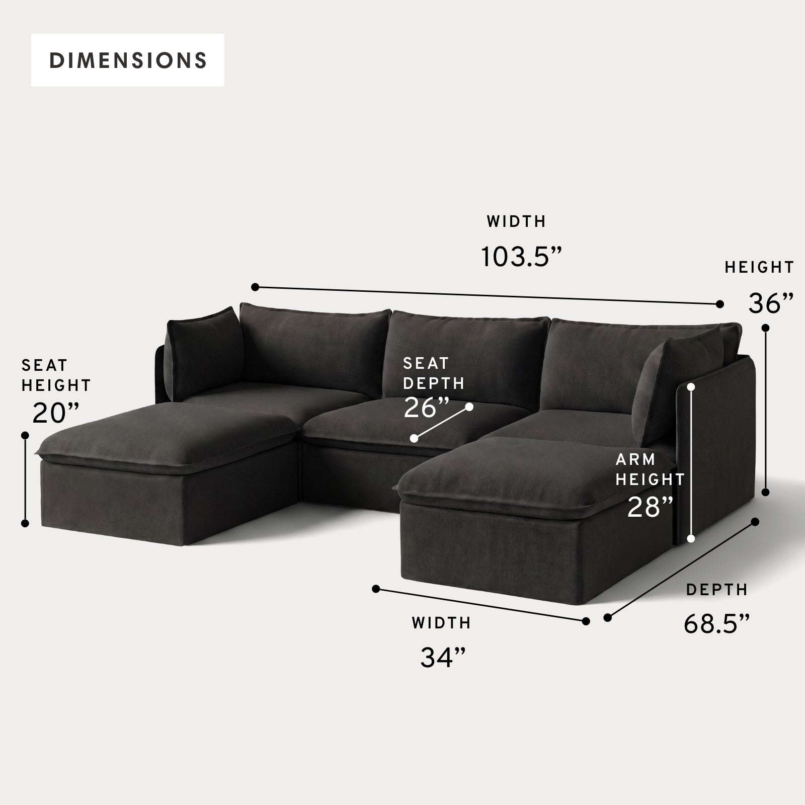 Modular Outdoor Washable 3-Seater U-Sectional | Classic Canvas in Charcoal