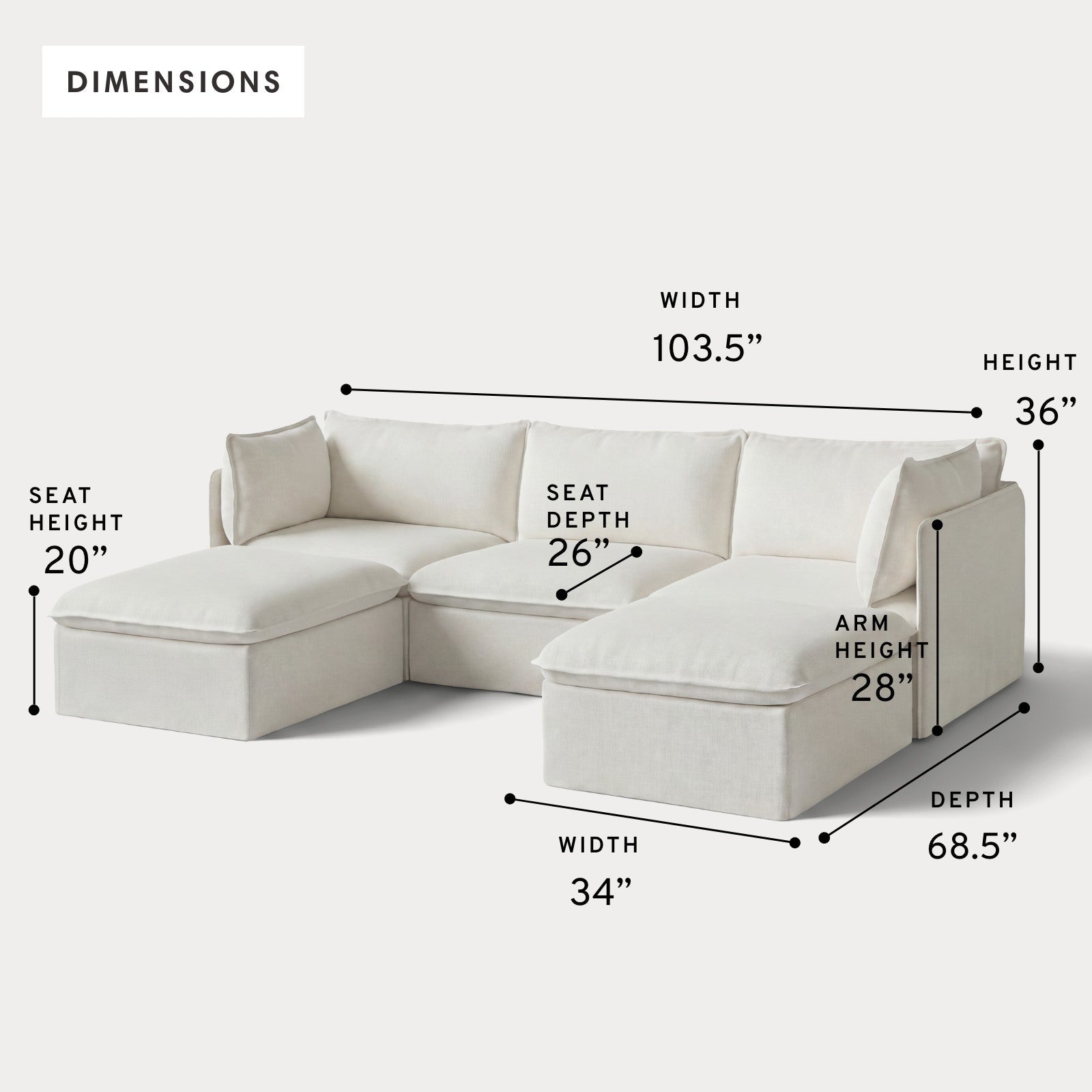 Modular Outdoor Washable 3-Seater U-Sectional | Classic Canvas in Cloud