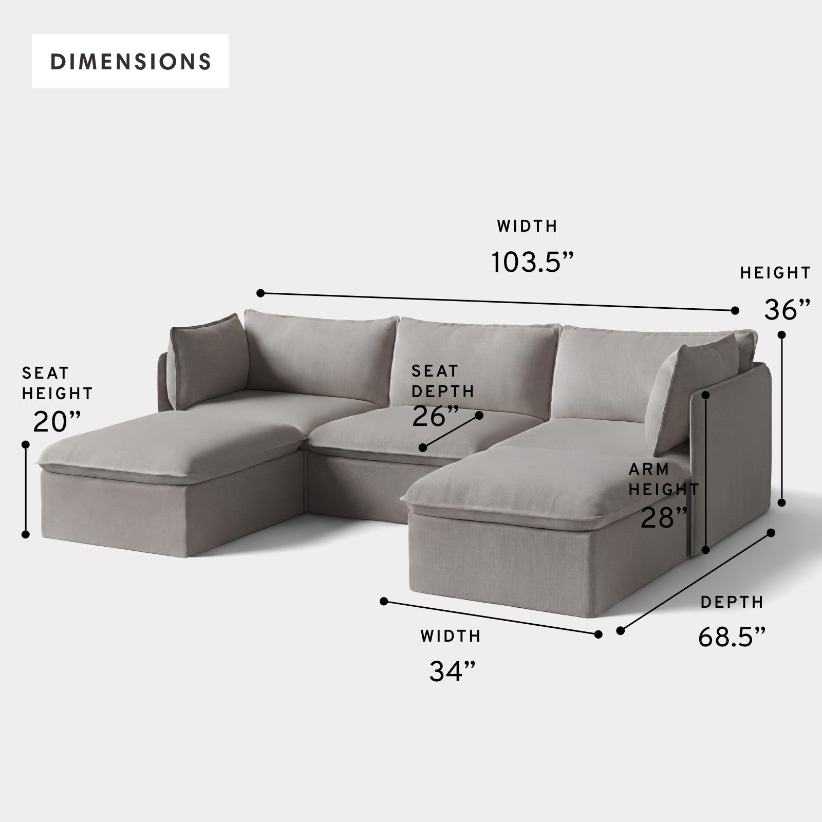 Modular Outdoor Washable 3-Seater U-Sectional | Nano Slubweave in Haze Gray
