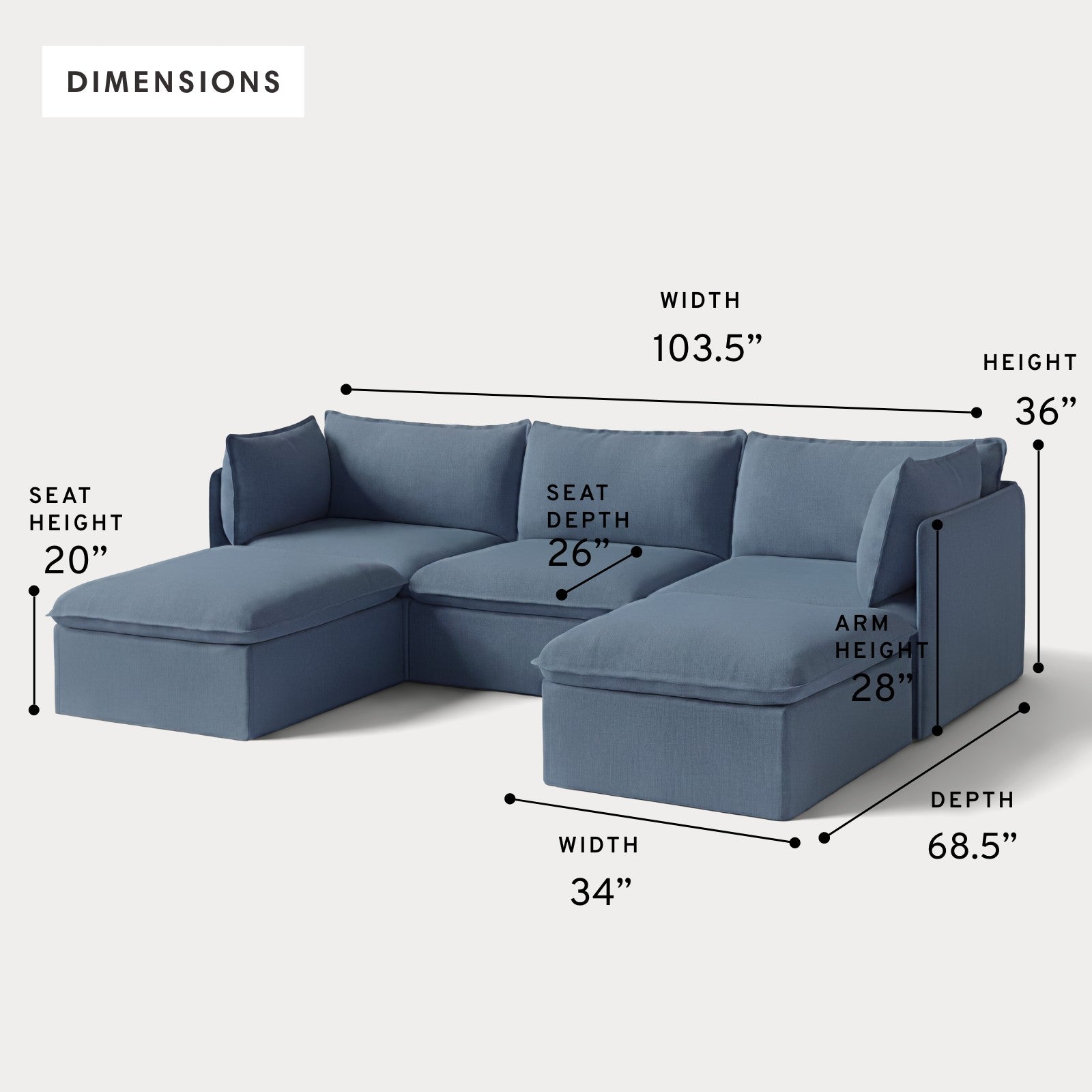 Modular Outdoor Washable 3-Seater U-Sectional | Classic Canvas in Ocean
