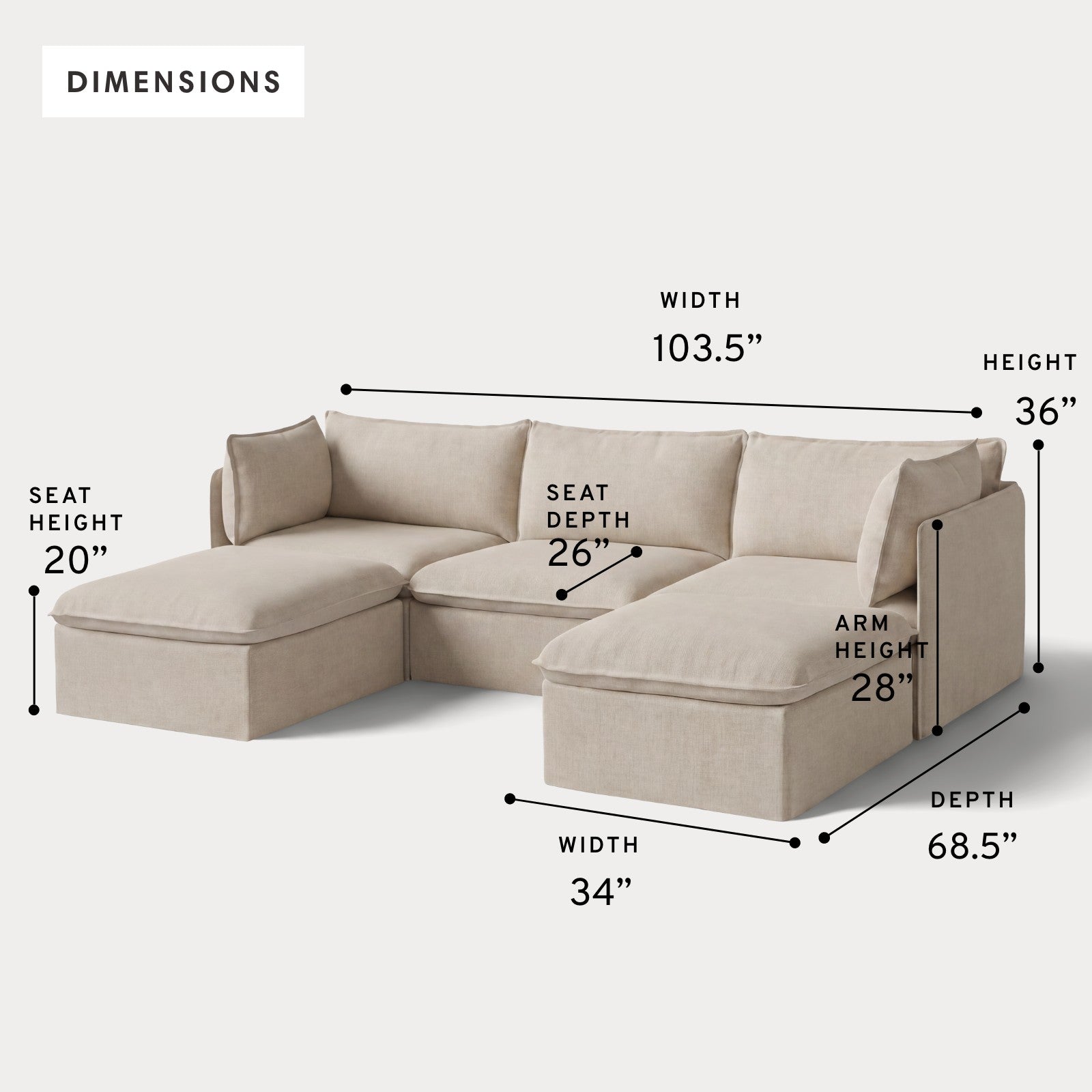 Modular Outdoor Washable 3-Seater U-Sectional | Classic Canvas in Sand